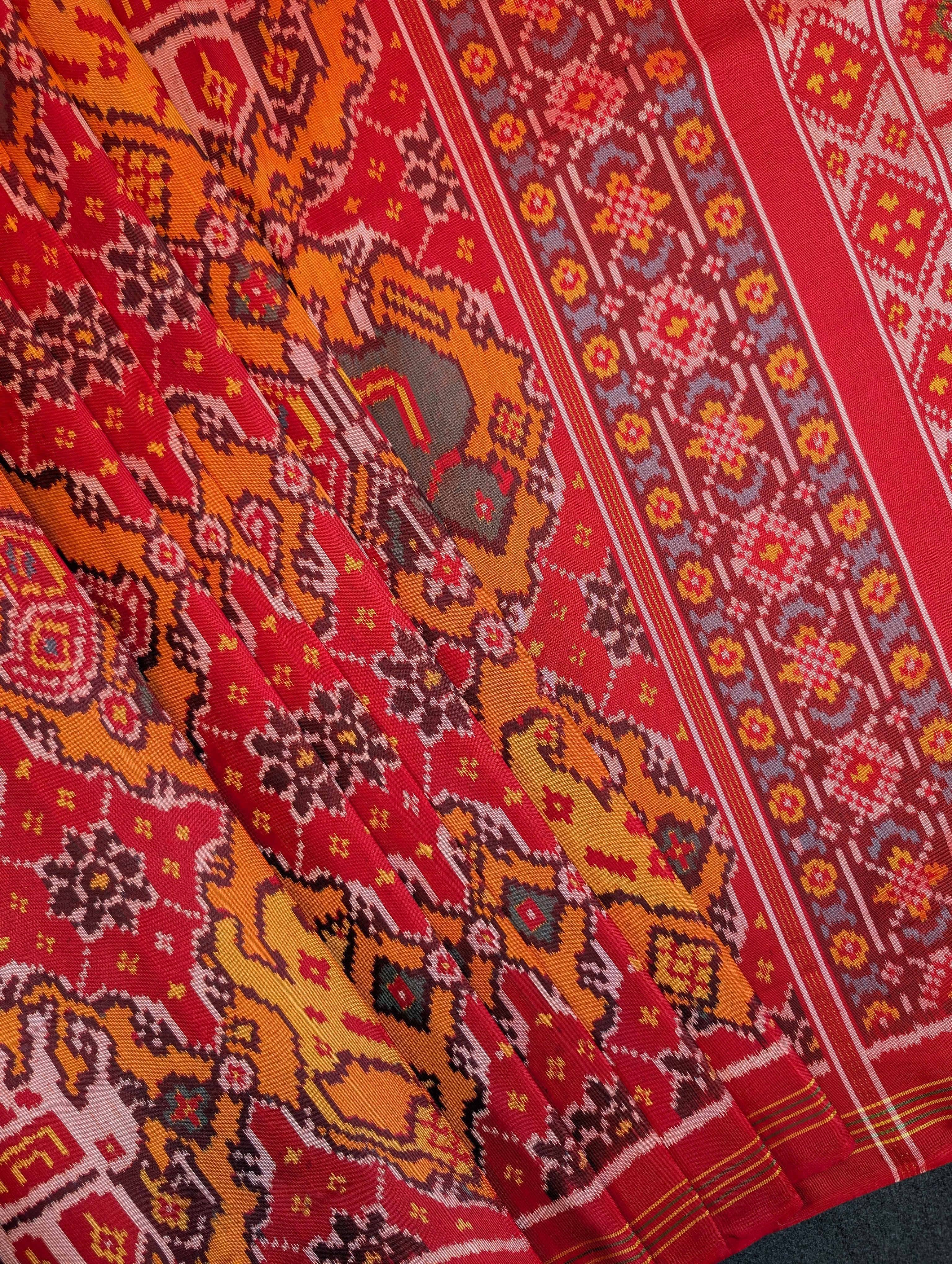 Handloom Patola Pure Silk Saree X Crimson Red & Burnt Orange