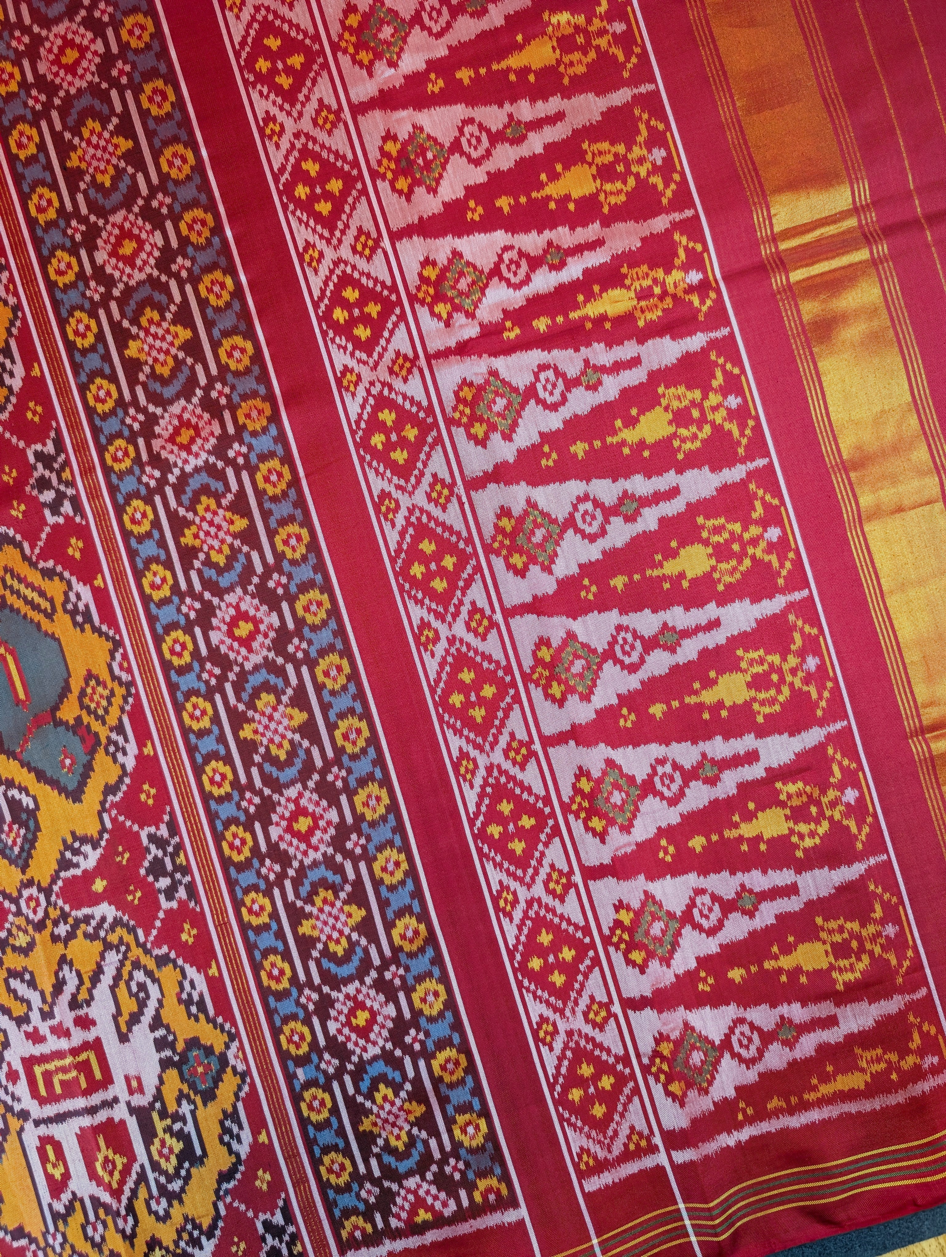 Handloom Patola Pure Silk Saree X Crimson Red & Burnt Orange