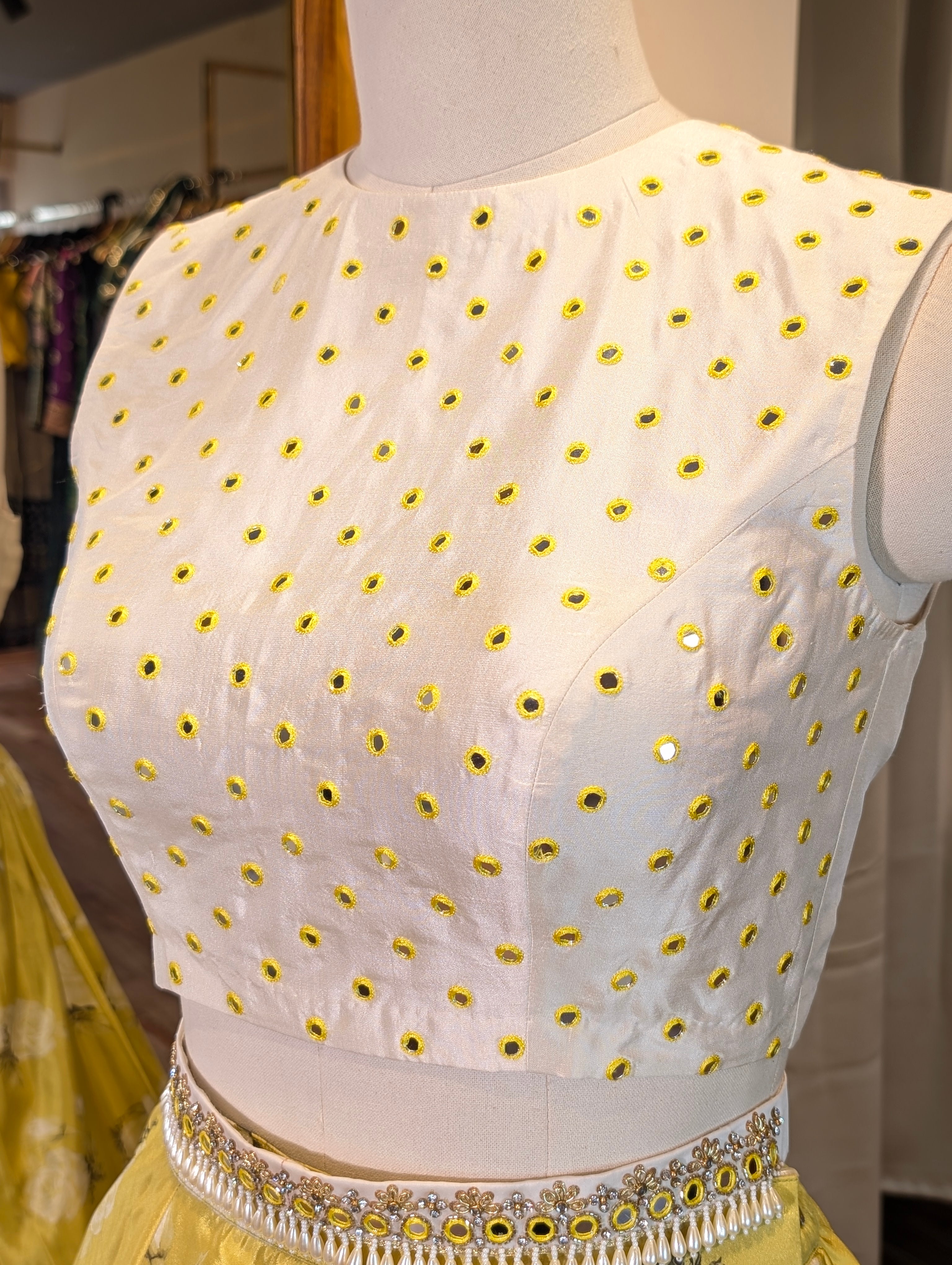Sunny Yellow Floral Lehenga with Embellished White Blouse