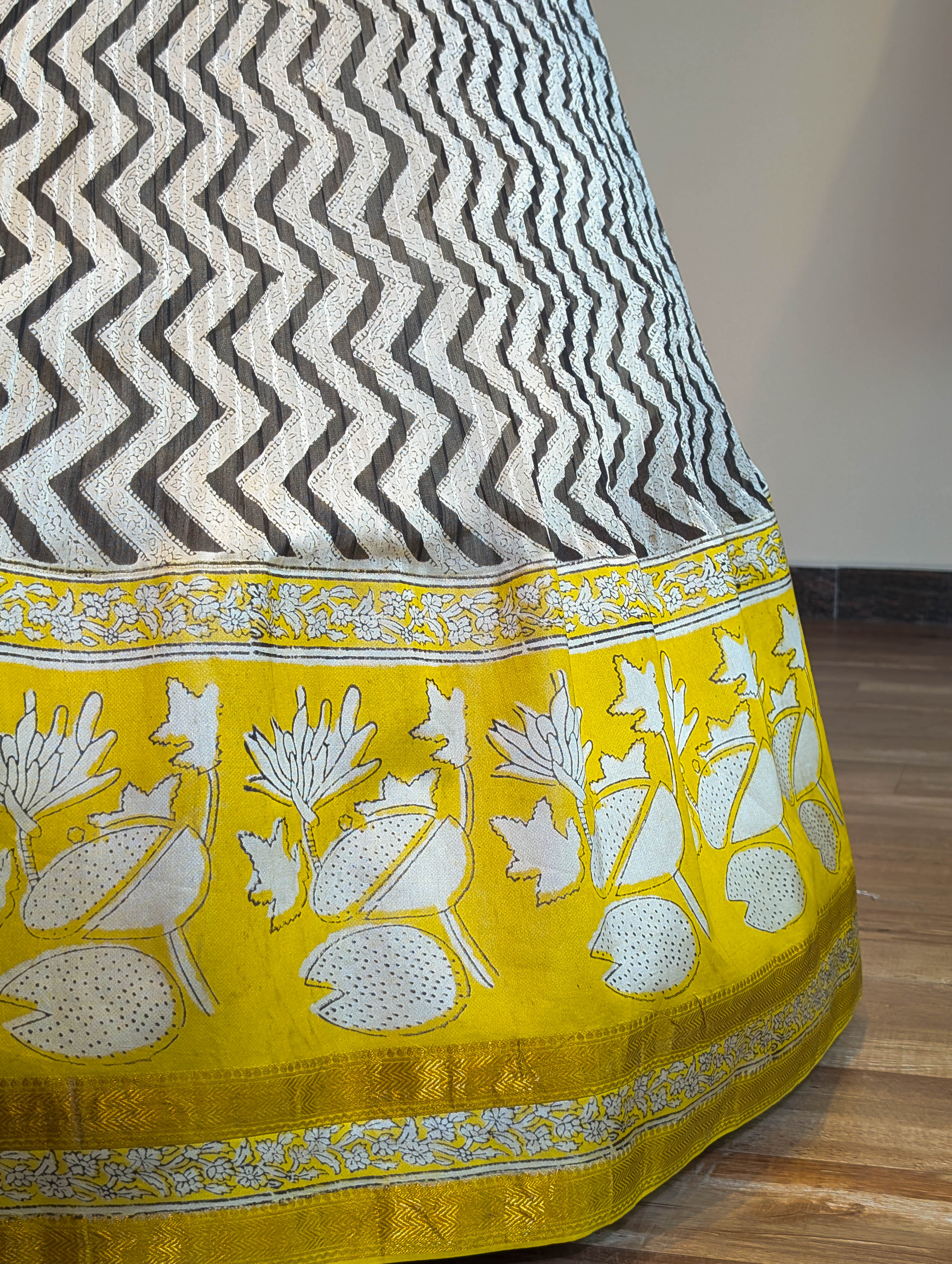 Chevron Print Skirt with Mustard Lotus Zari Border
