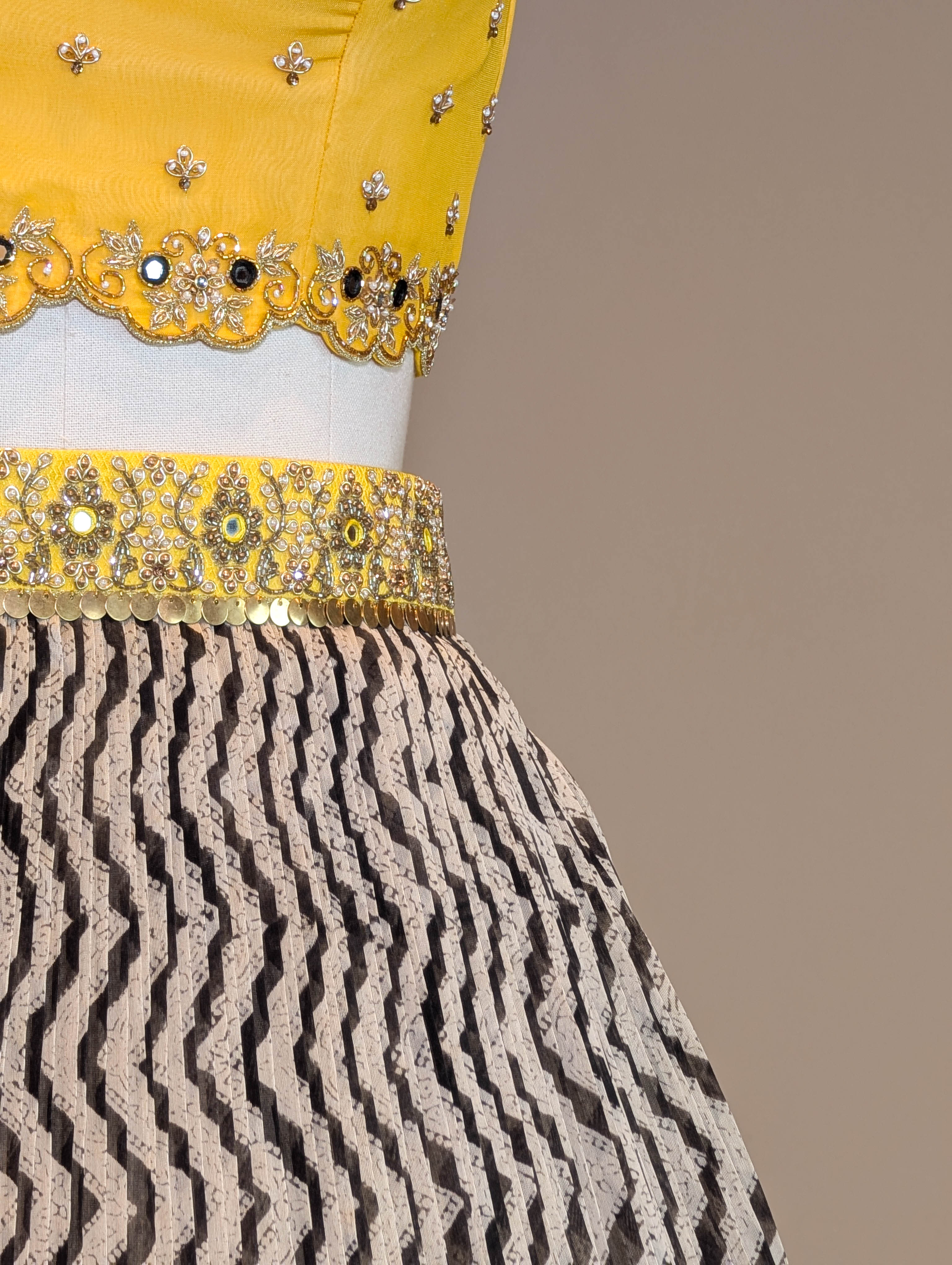 Chevron Print Skirt with Mustard Lotus Zari Border