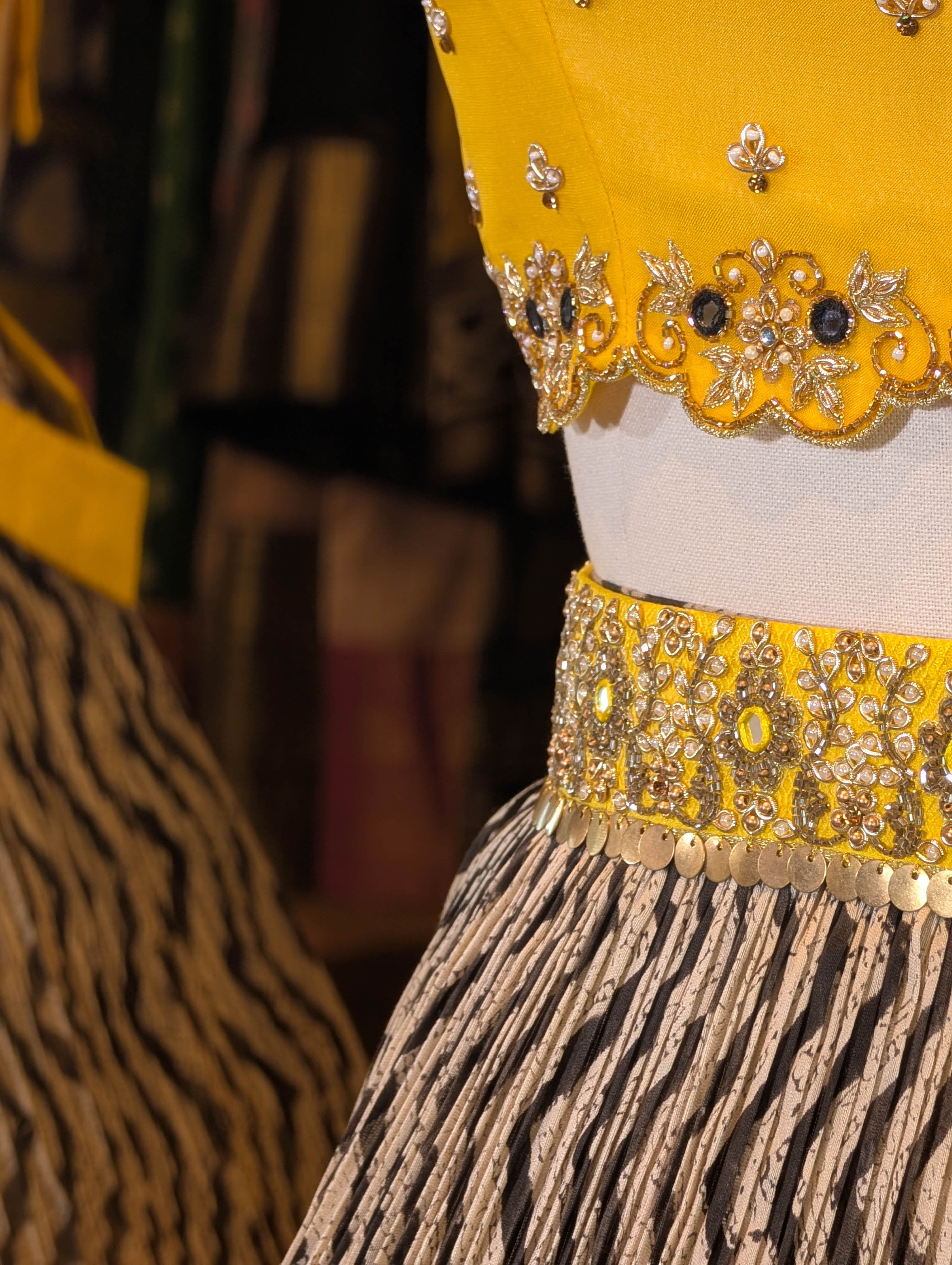 Chevron Print Skirt with Mustard Lotus Zari Border