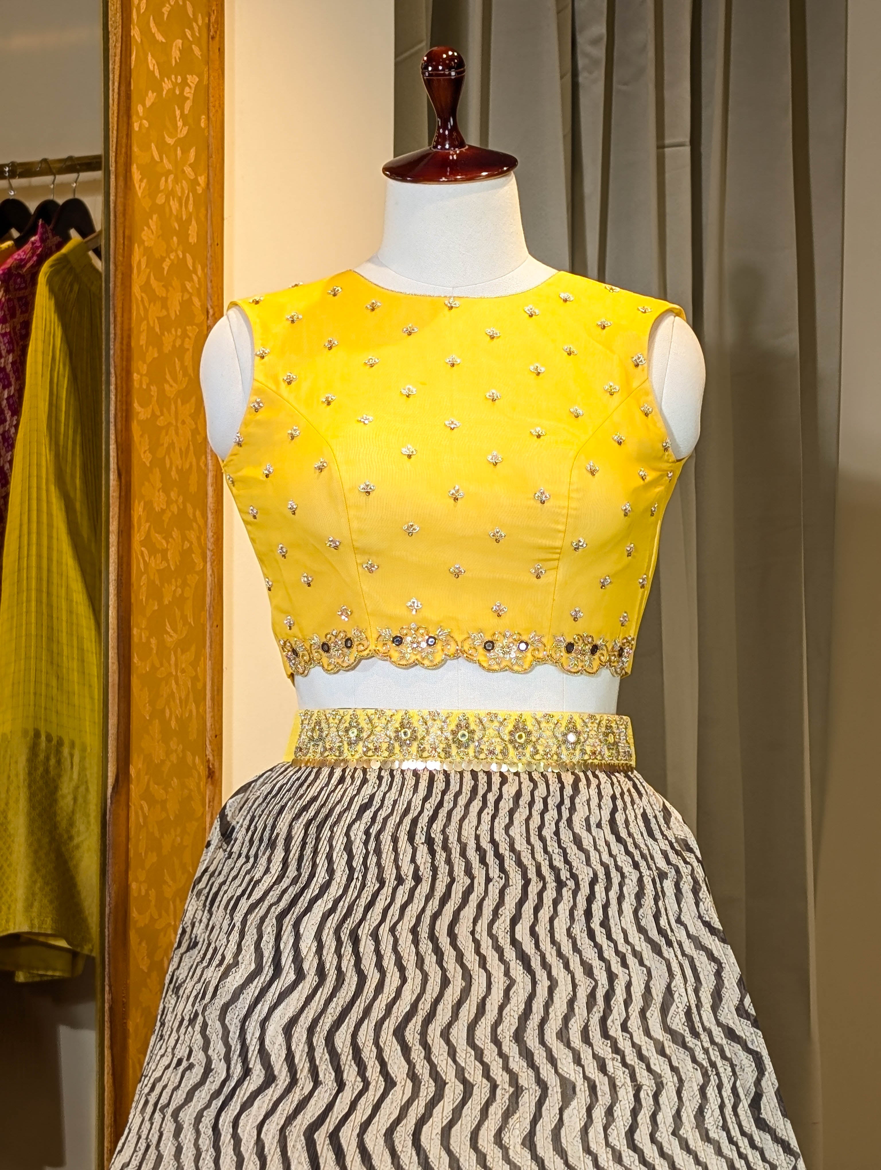 Chevron Print Skirt with Mustard Lotus Zari Border