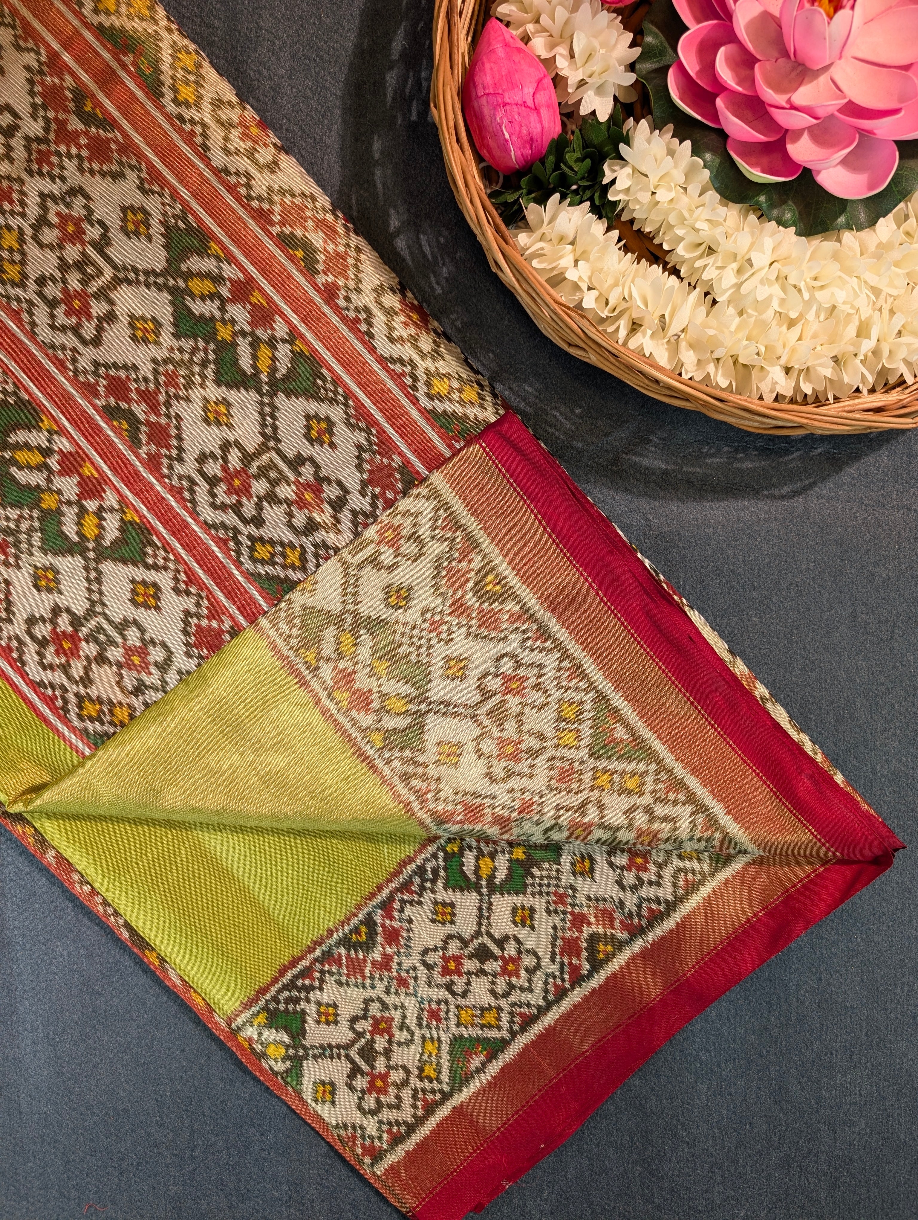 Handloom Tissue Patola Pure Silk Saree X Olive Green