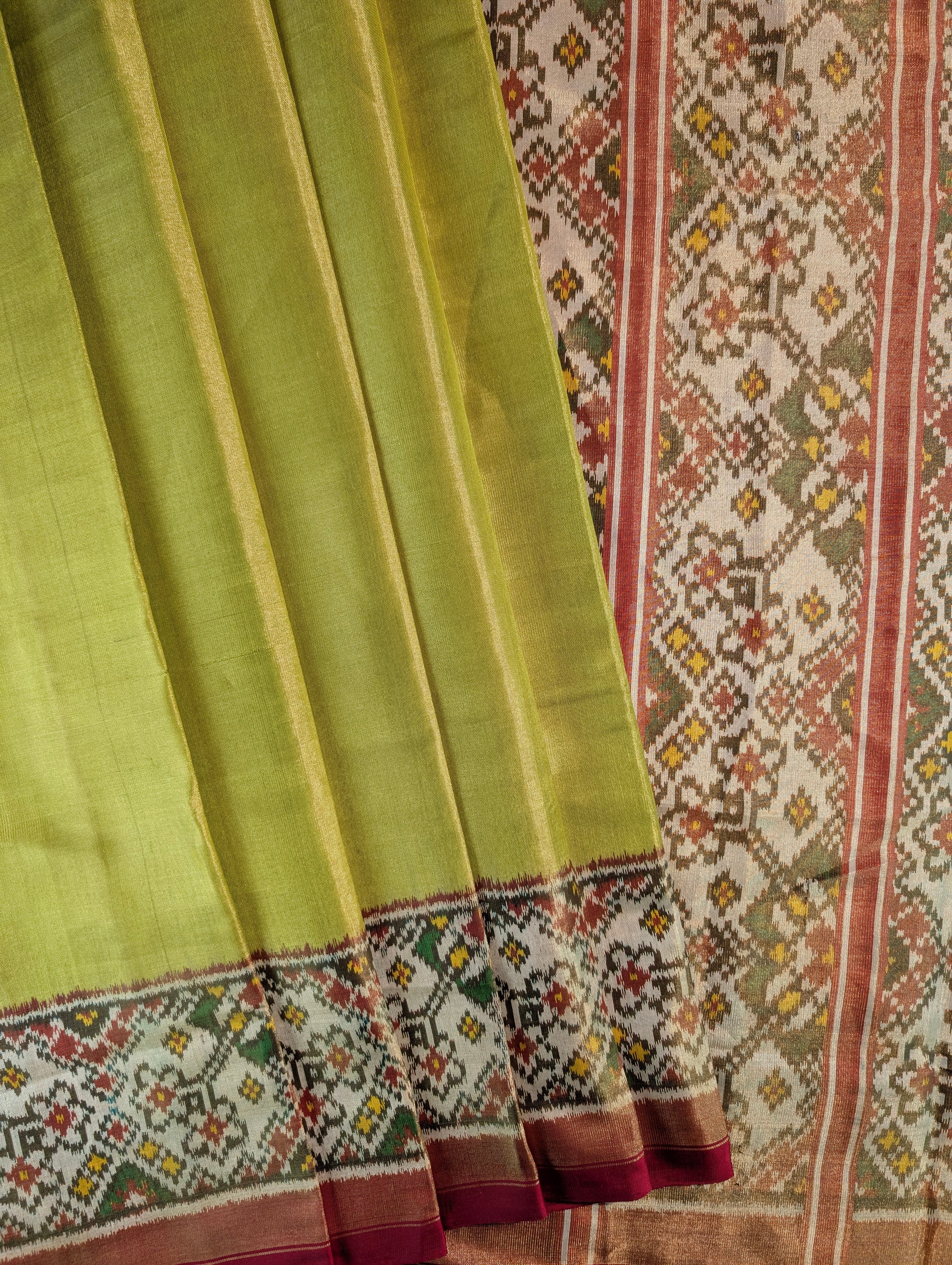 Handloom Tissue Patola Pure Silk Saree X Olive Green
