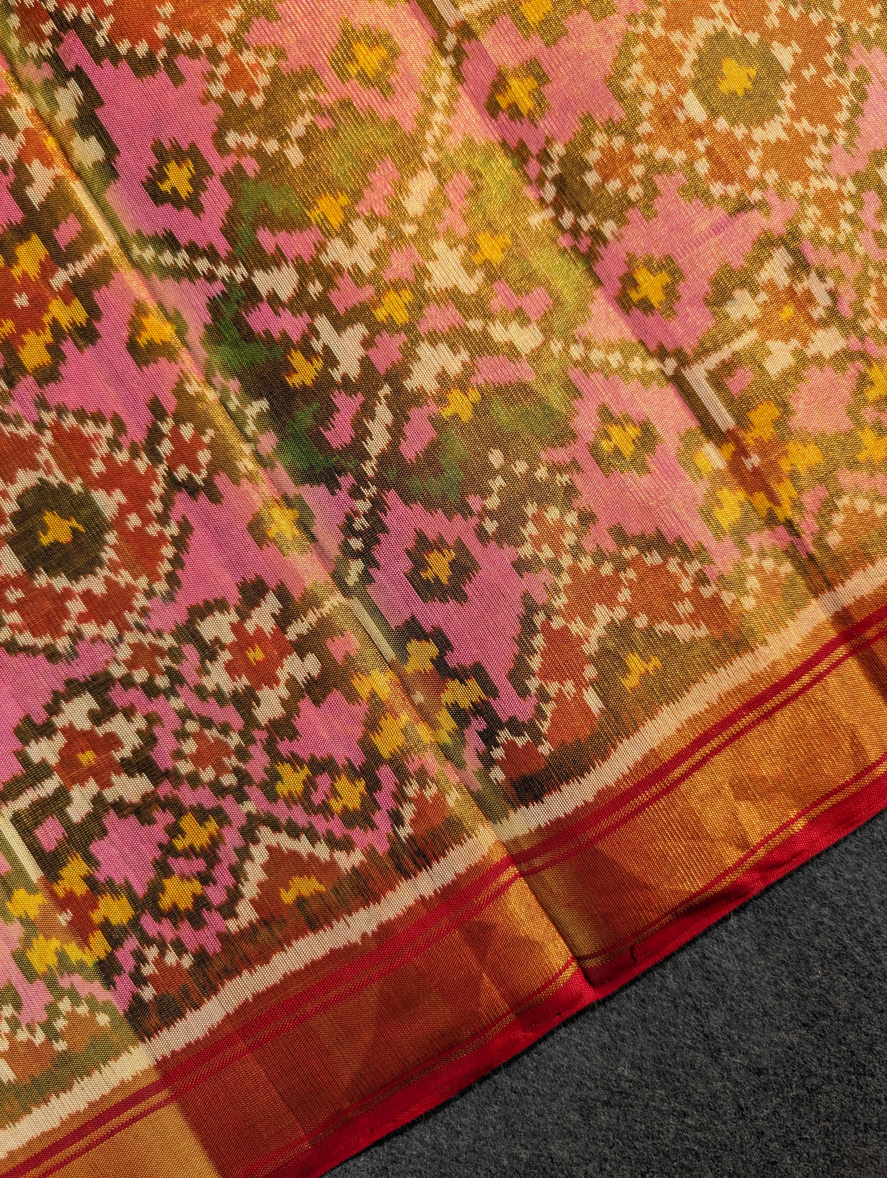 Handloom Tissue Patola Pure Silk Saree X Pink & Mustard
