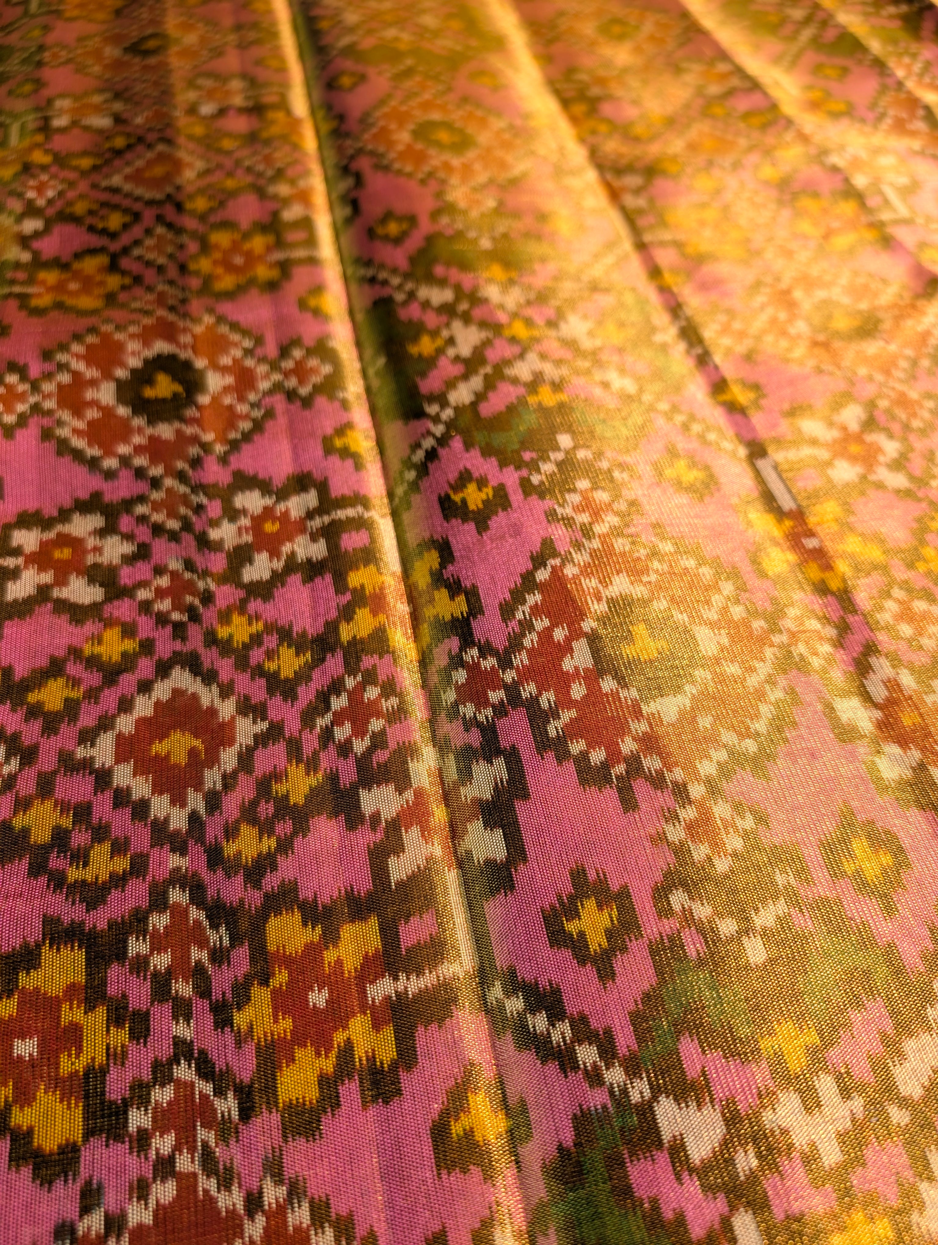 Handloom Tissue Patola Pure Silk Saree X Pink & Mustard