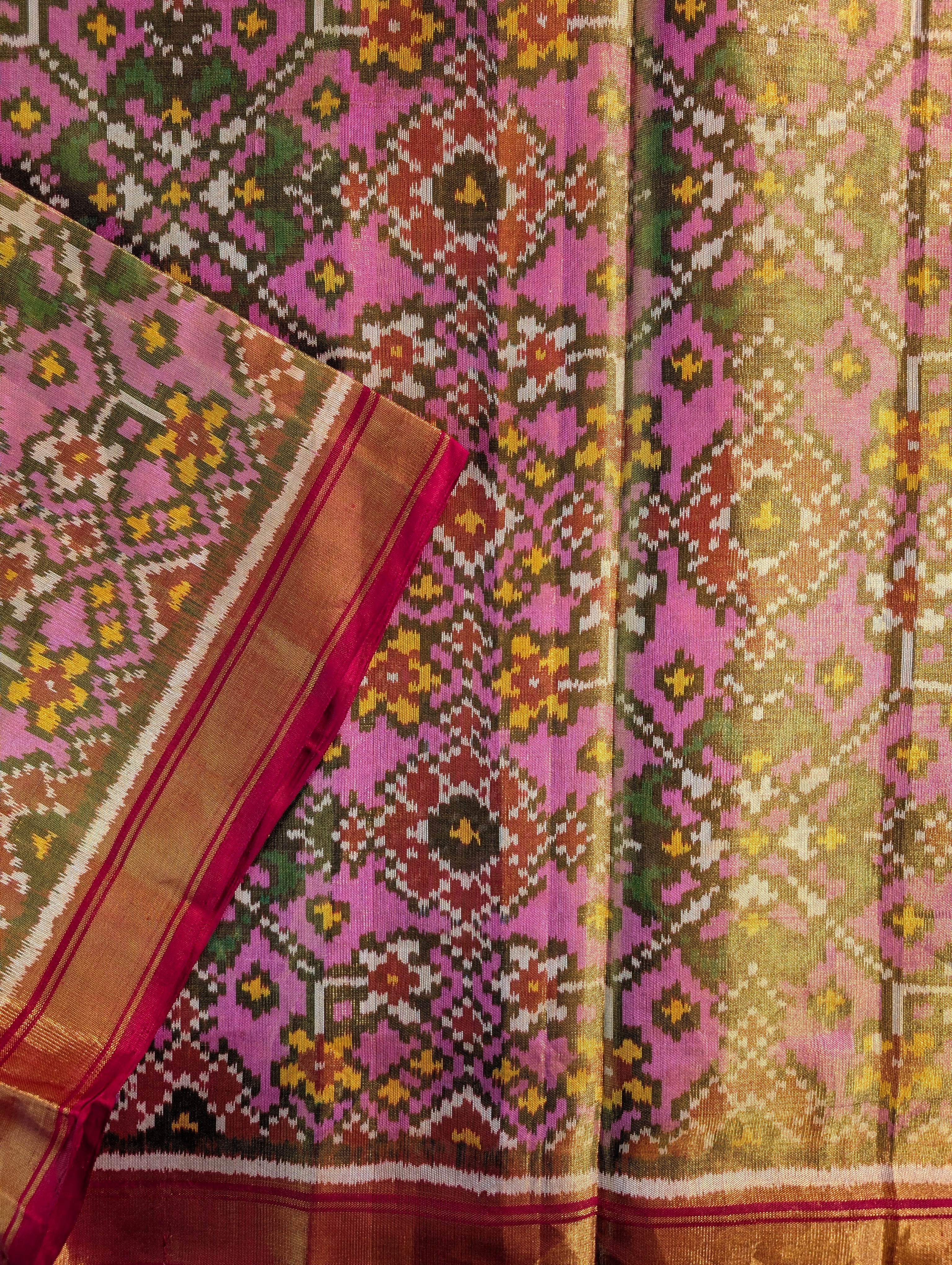 Handloom Tissue Patola Pure Silk Saree X Pink & Mustard