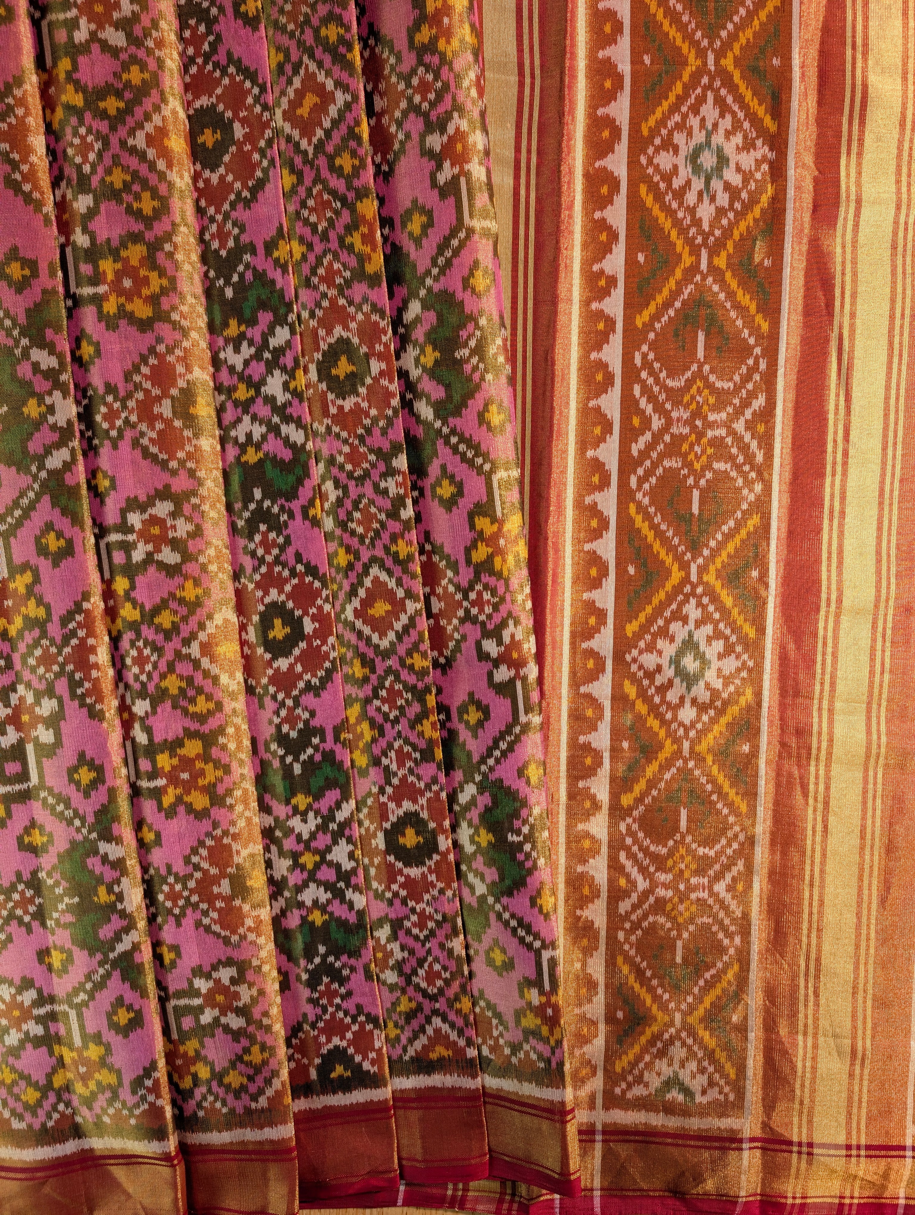 Handloom Tissue Patola Pure Silk Saree X Pink & Mustard