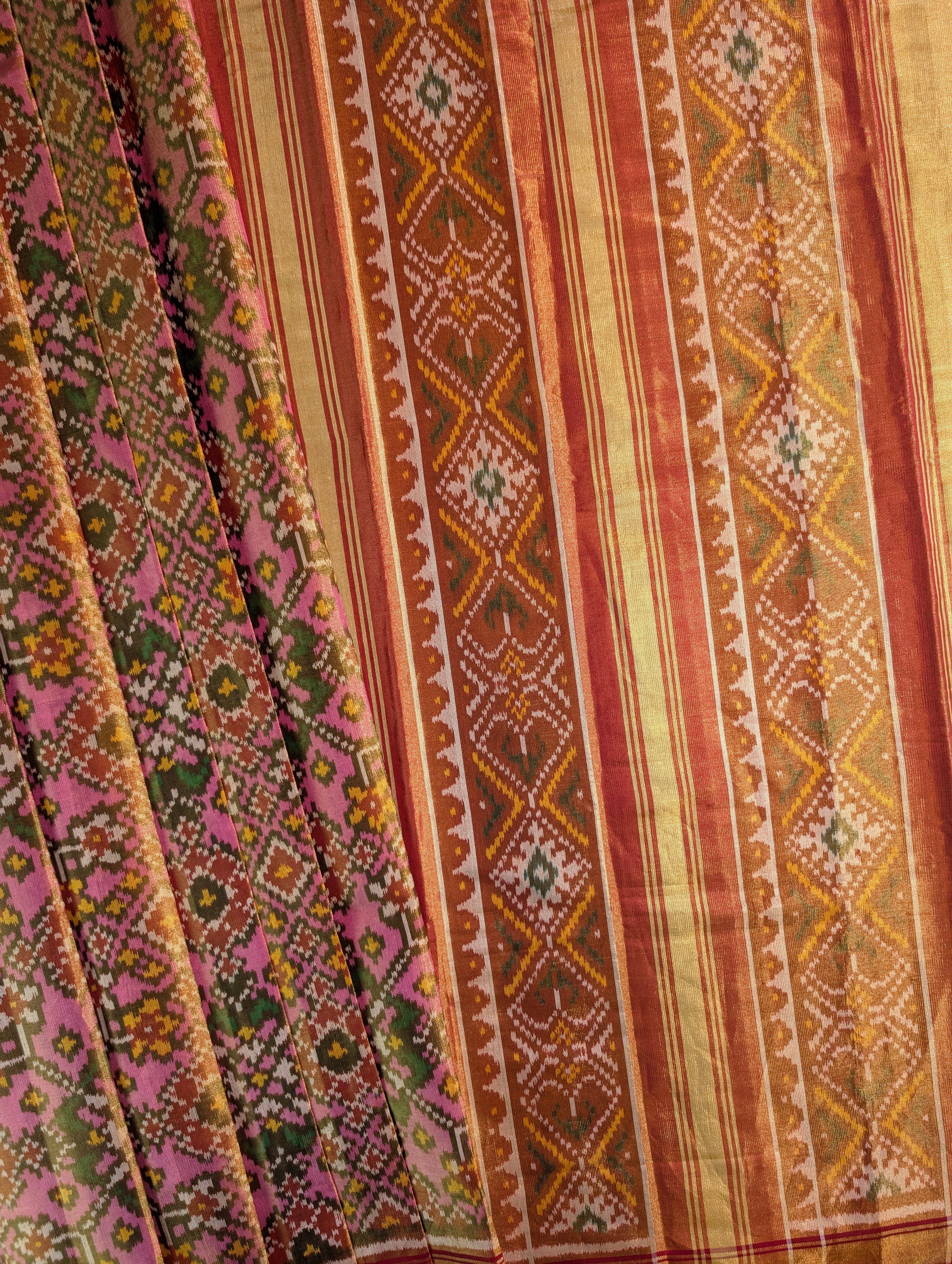 Handloom Tissue Patola Pure Silk Saree X Pink & Mustard