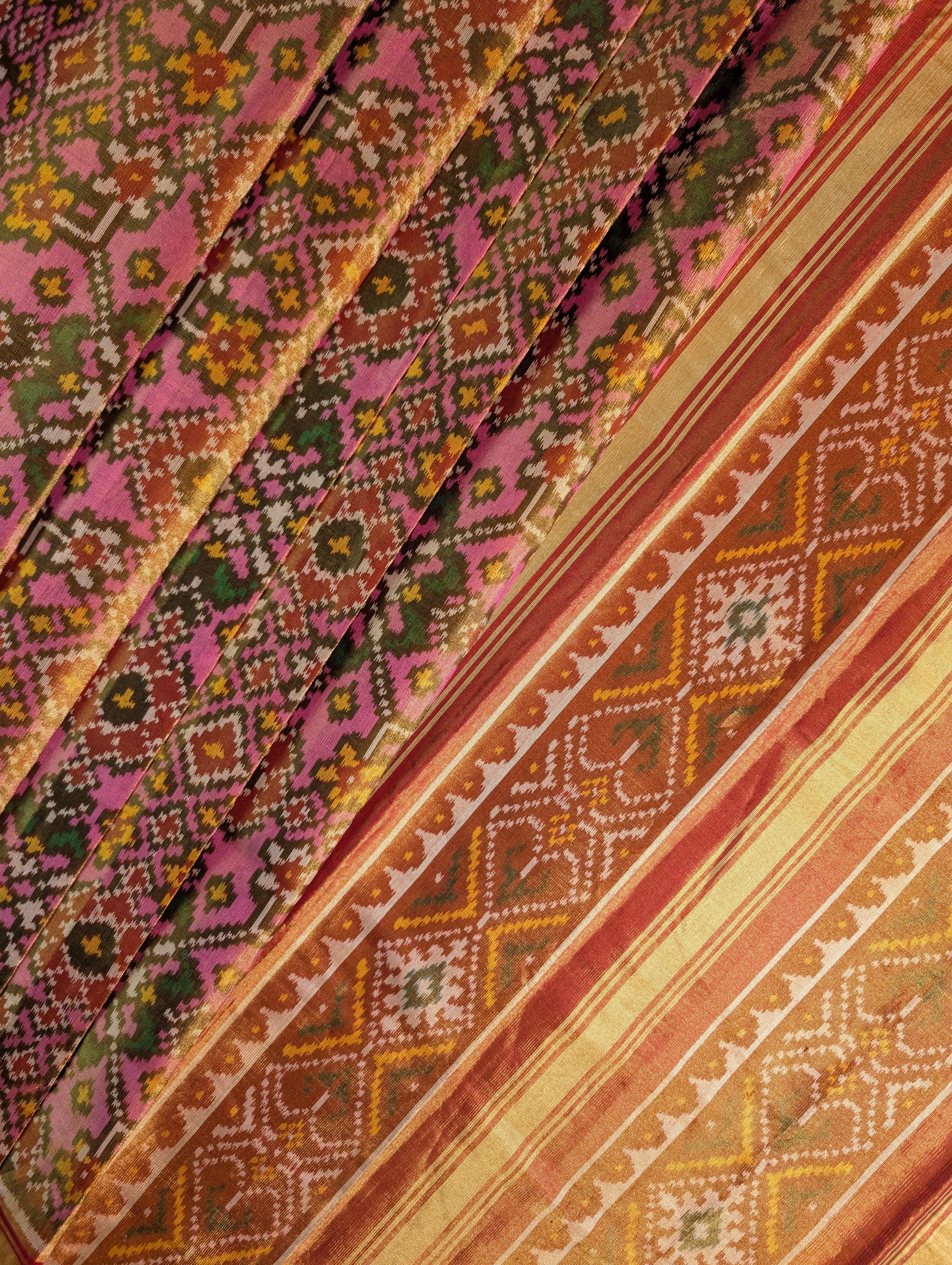 Handloom Tissue Patola Pure Silk Saree X Pink & Mustard