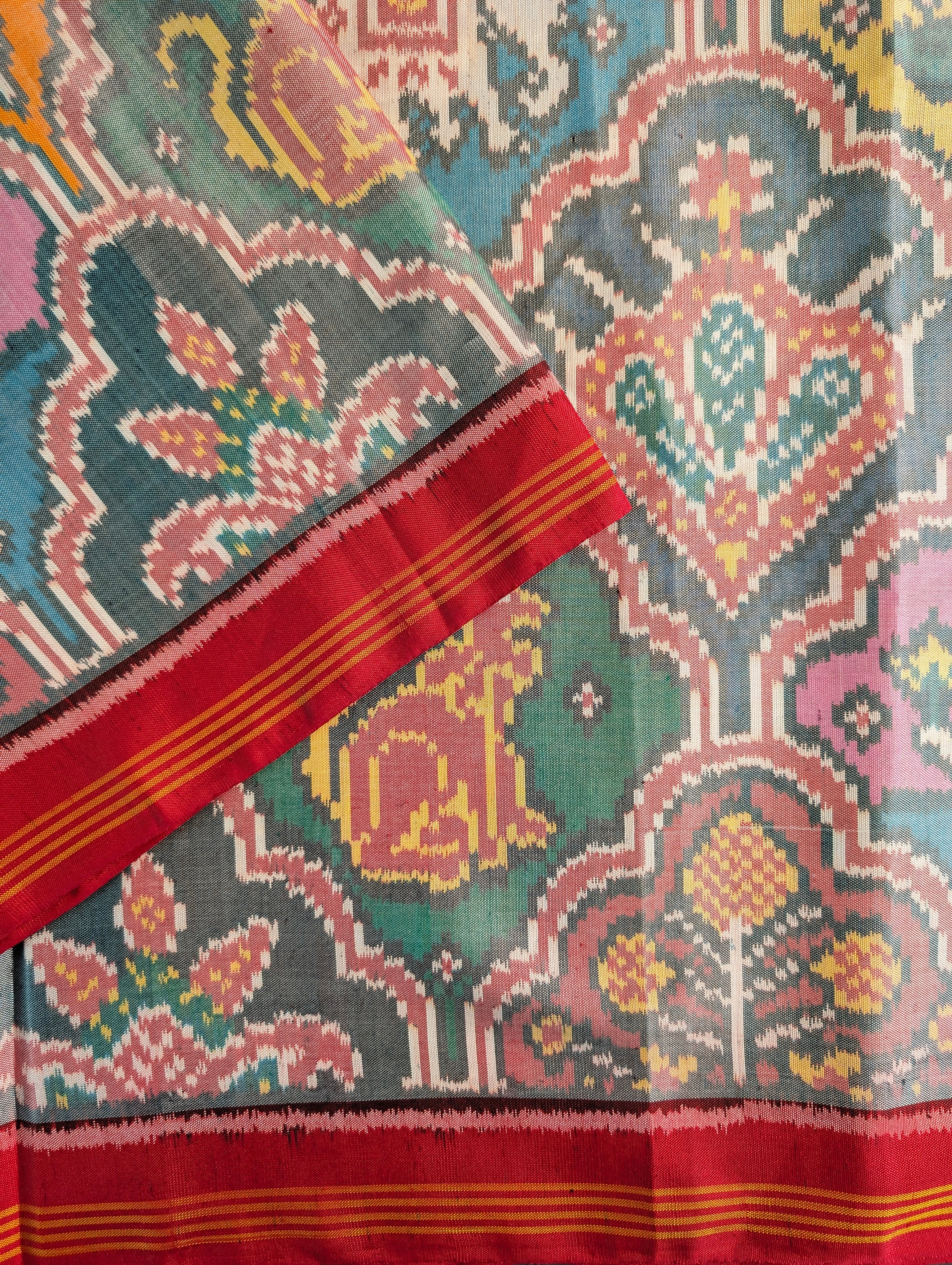 Handloom Tissue Patola Pure Silk Saree X Multicolor with Red Border