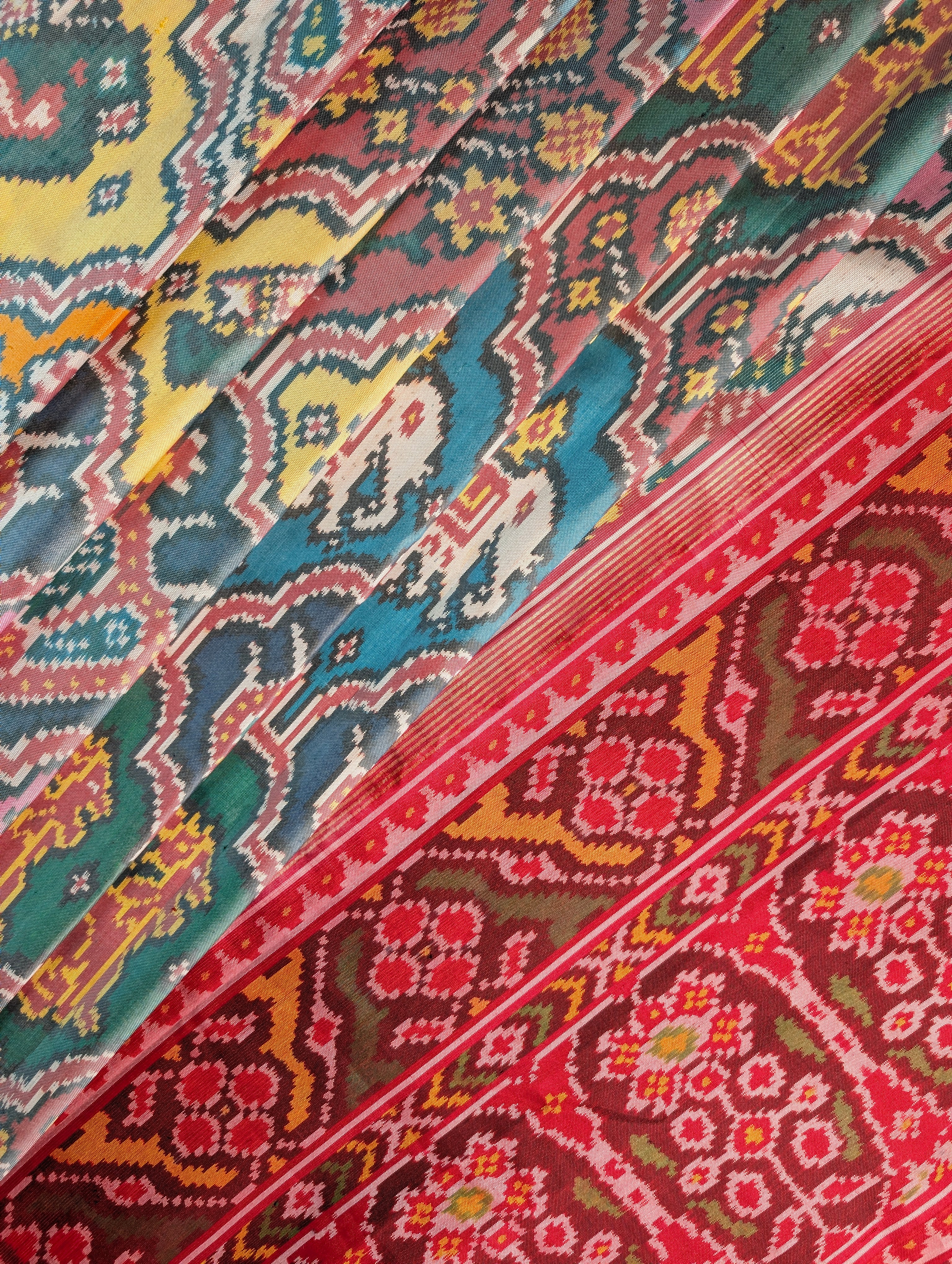 Handloom Tissue Patola Pure Silk Saree X Multicolor with Red Border