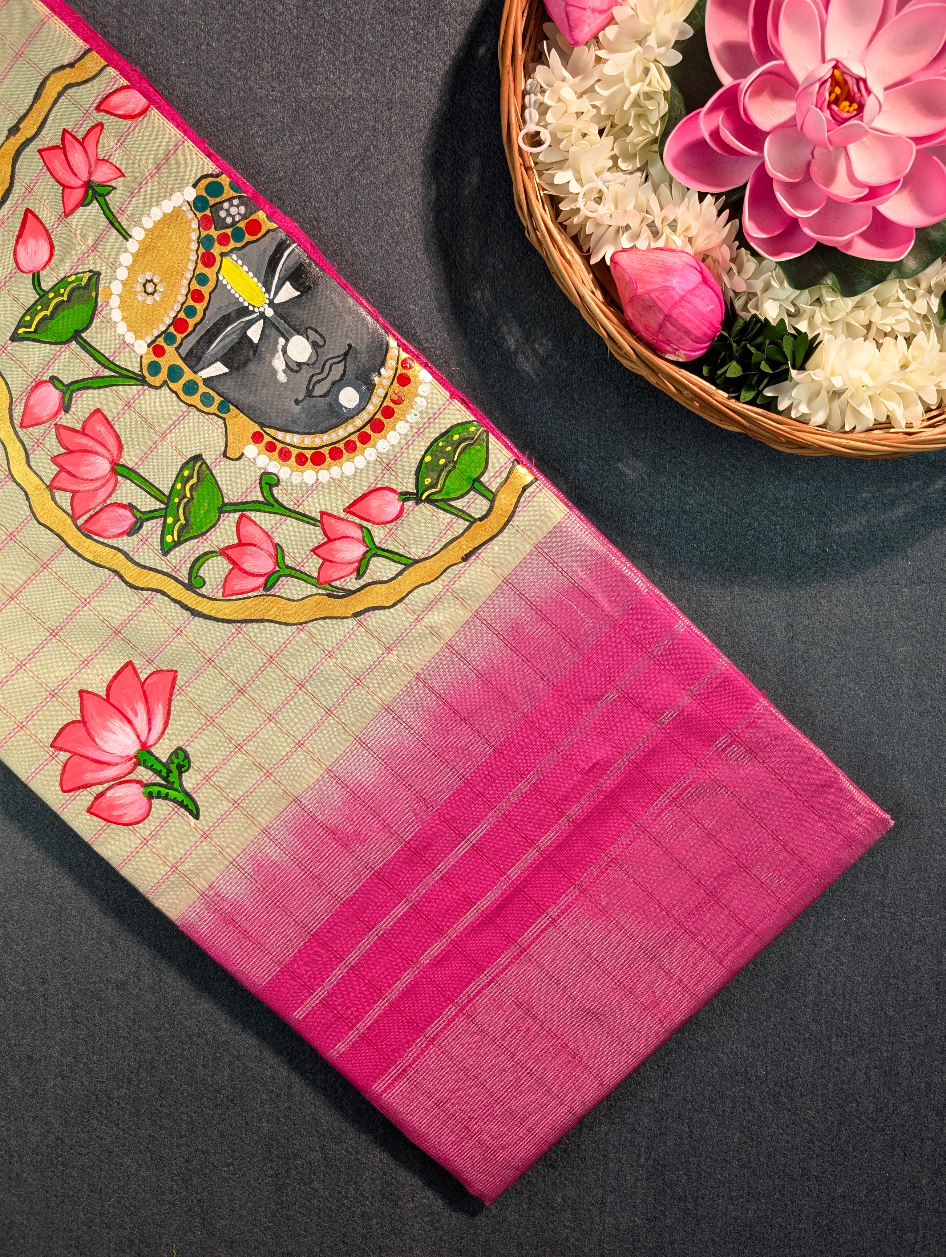 Pure Handloom Gadwal X Hand Painting - Soft Pink & Beige