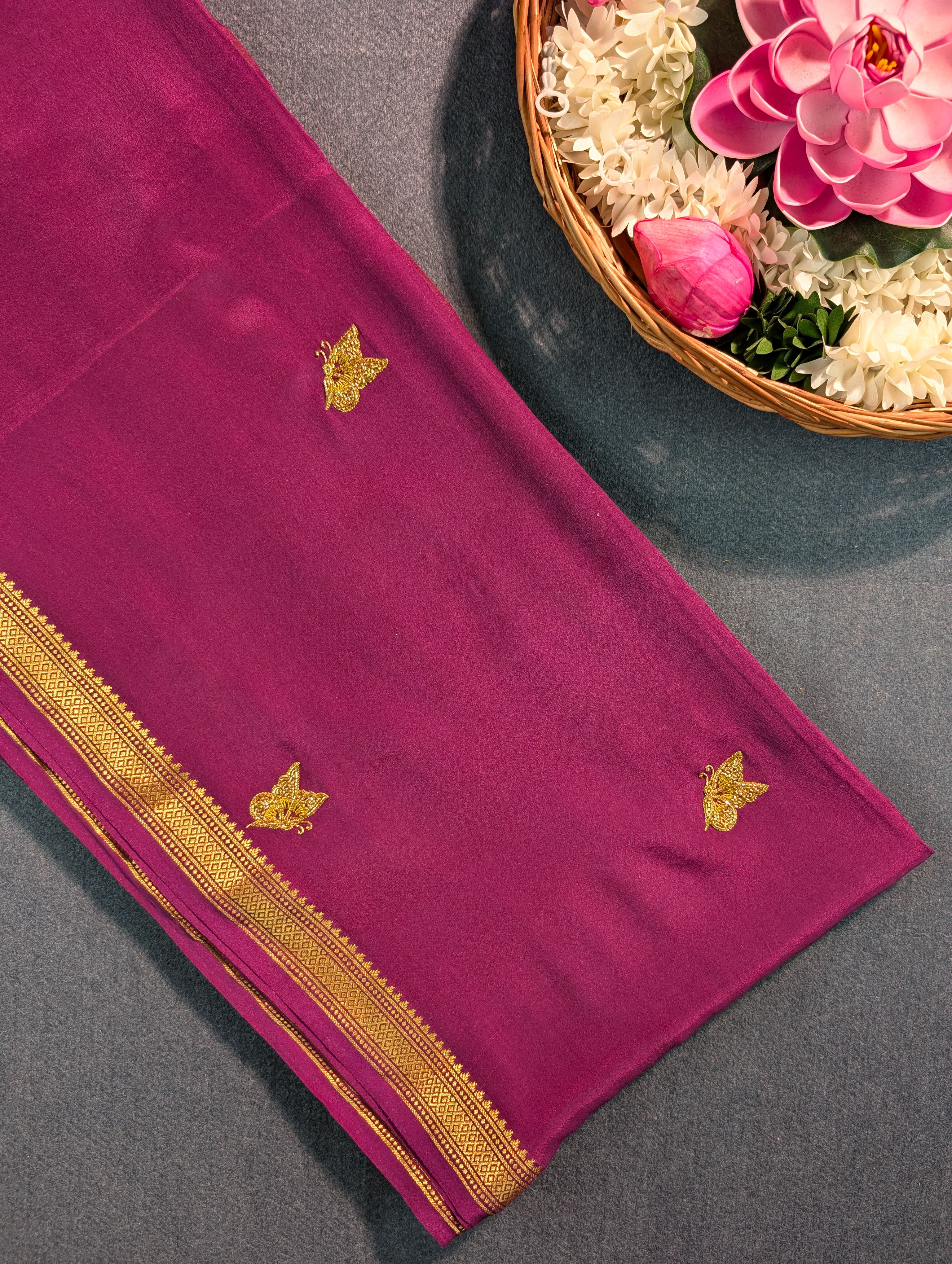 Pure Mysore silk Crepe X Hand Embroidery - Wine