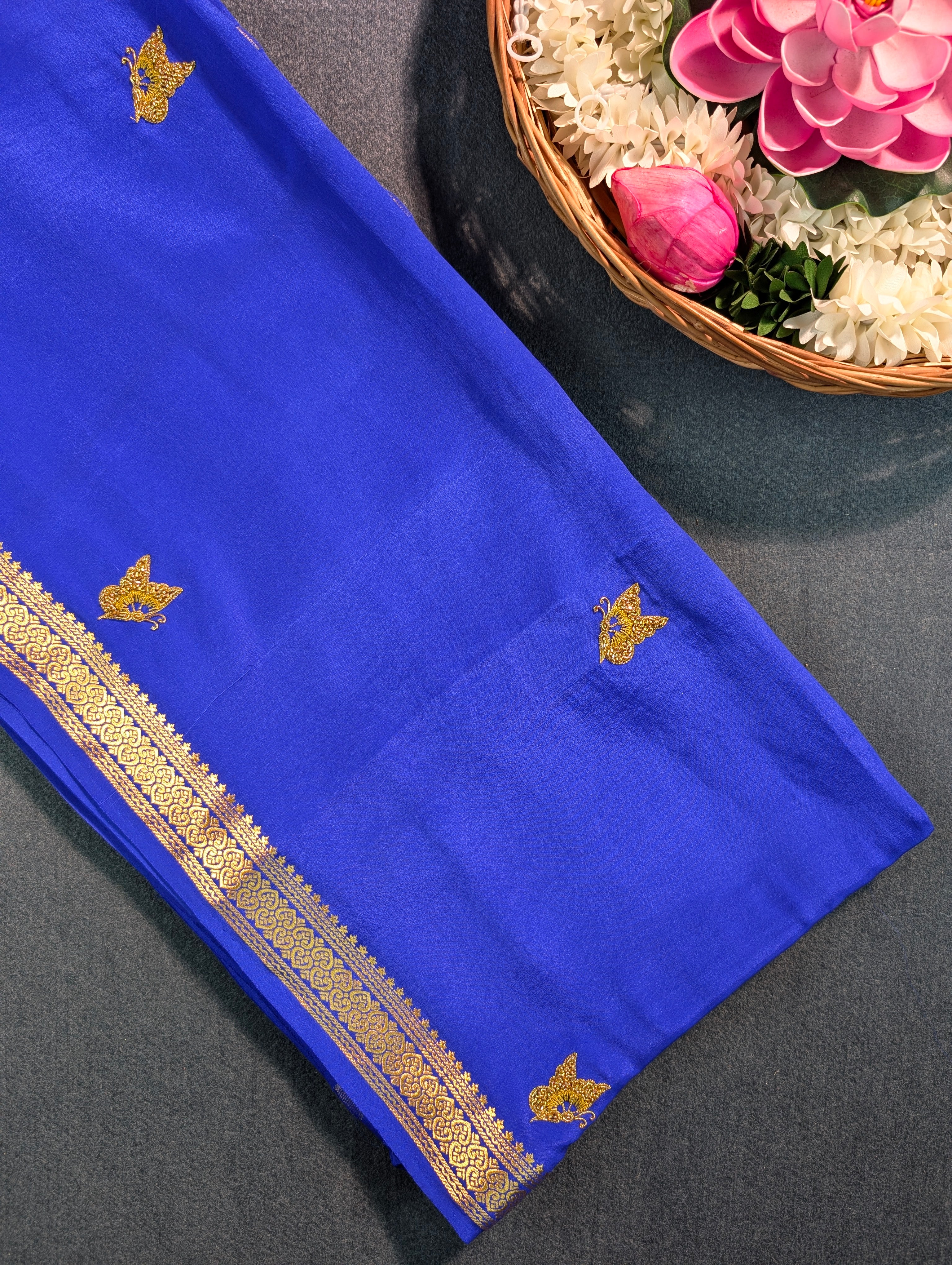 Pure Mysore Silk Crepe X Hand Embroidery - Royal Blue