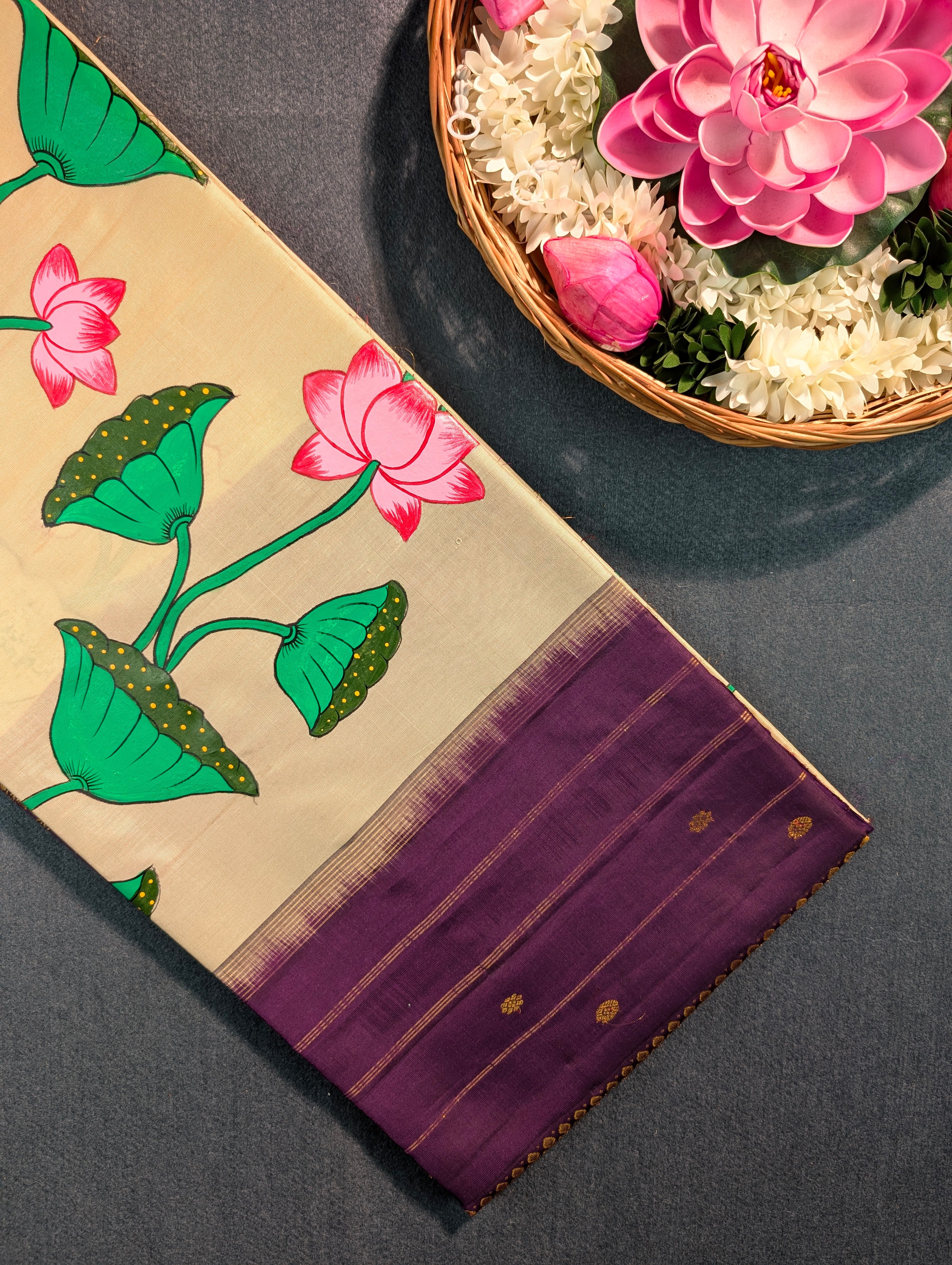 Handloom Gadwal - Elegant Lotus Hand-Painted Silk Saree