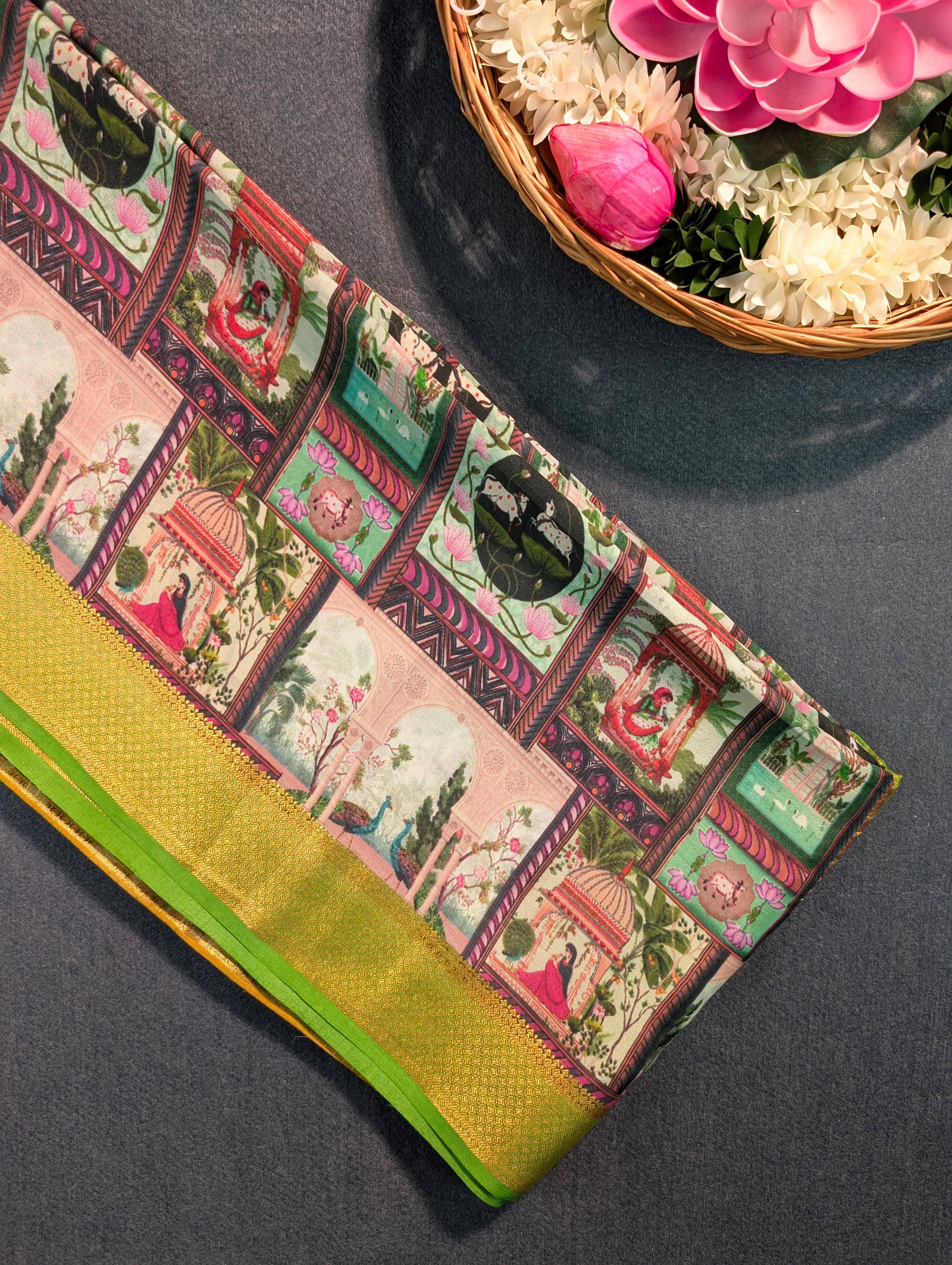 Pure Mysore Silk Crepe - Regal Mustard Saree with Royal Palace Motifs