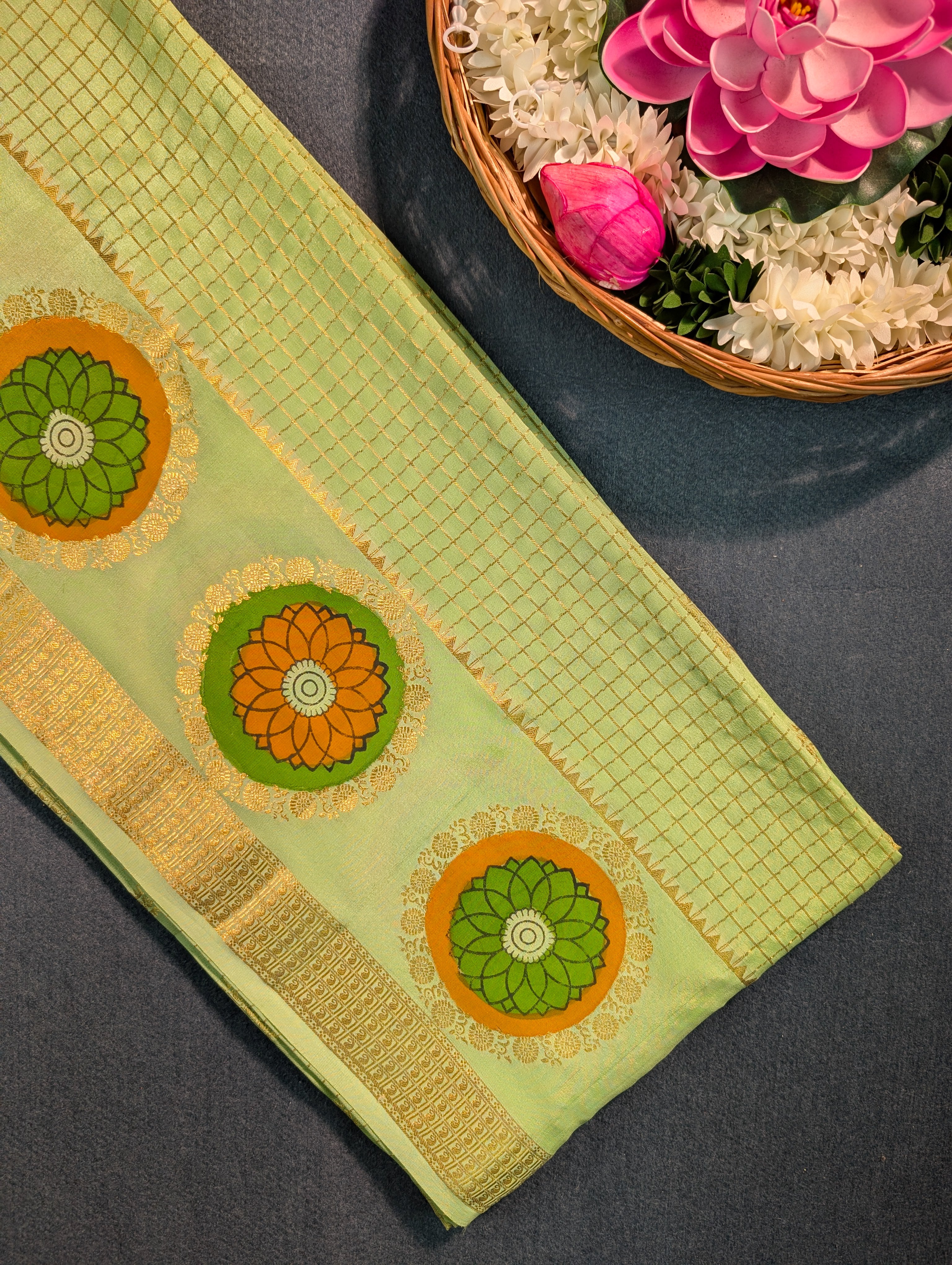 Pure Mysore Silk Crepe - Pastel Green Hand Painted Floral Saree