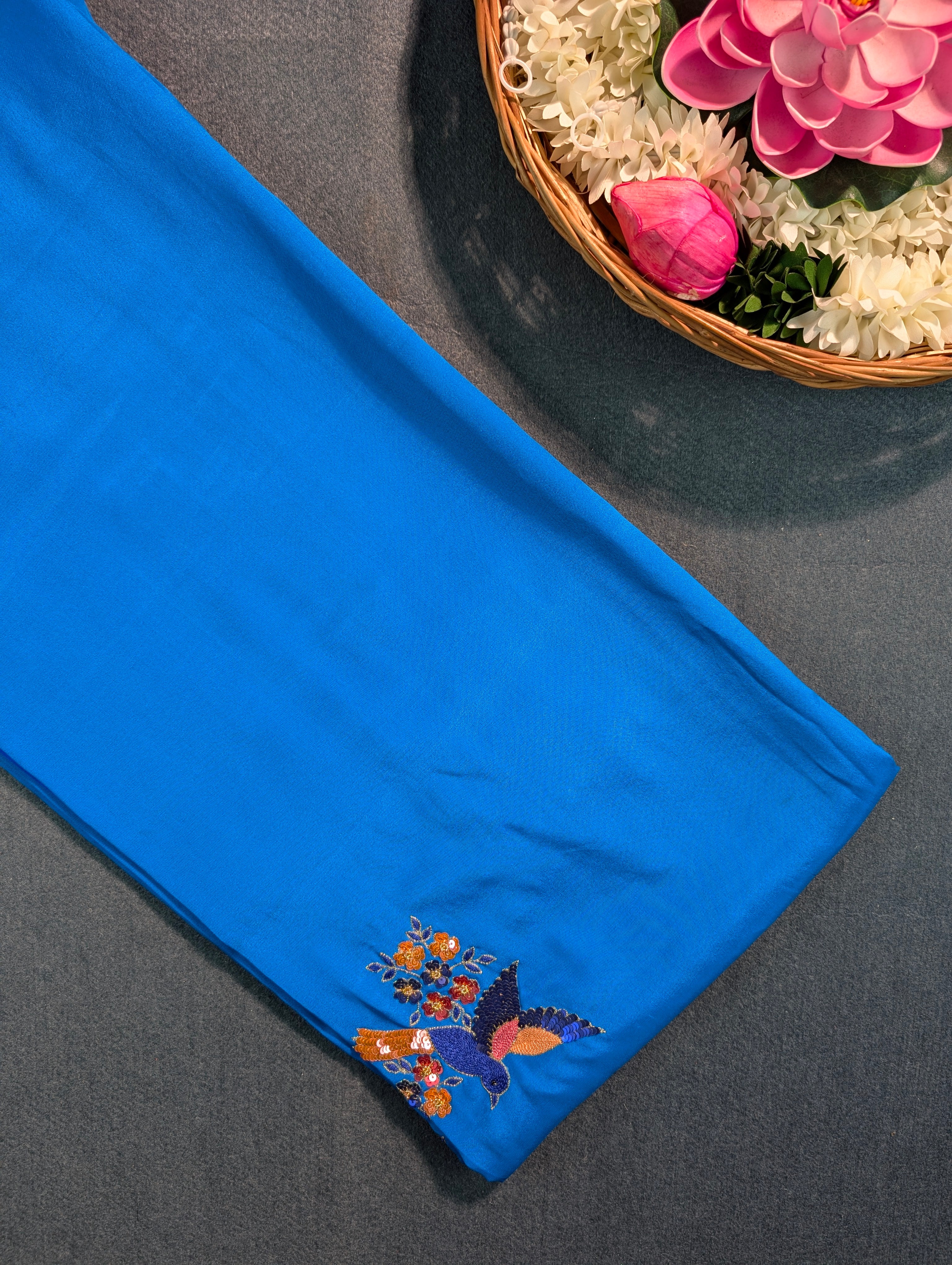 Pure Mysore Silk Crepe X Hand embroidery - Blue