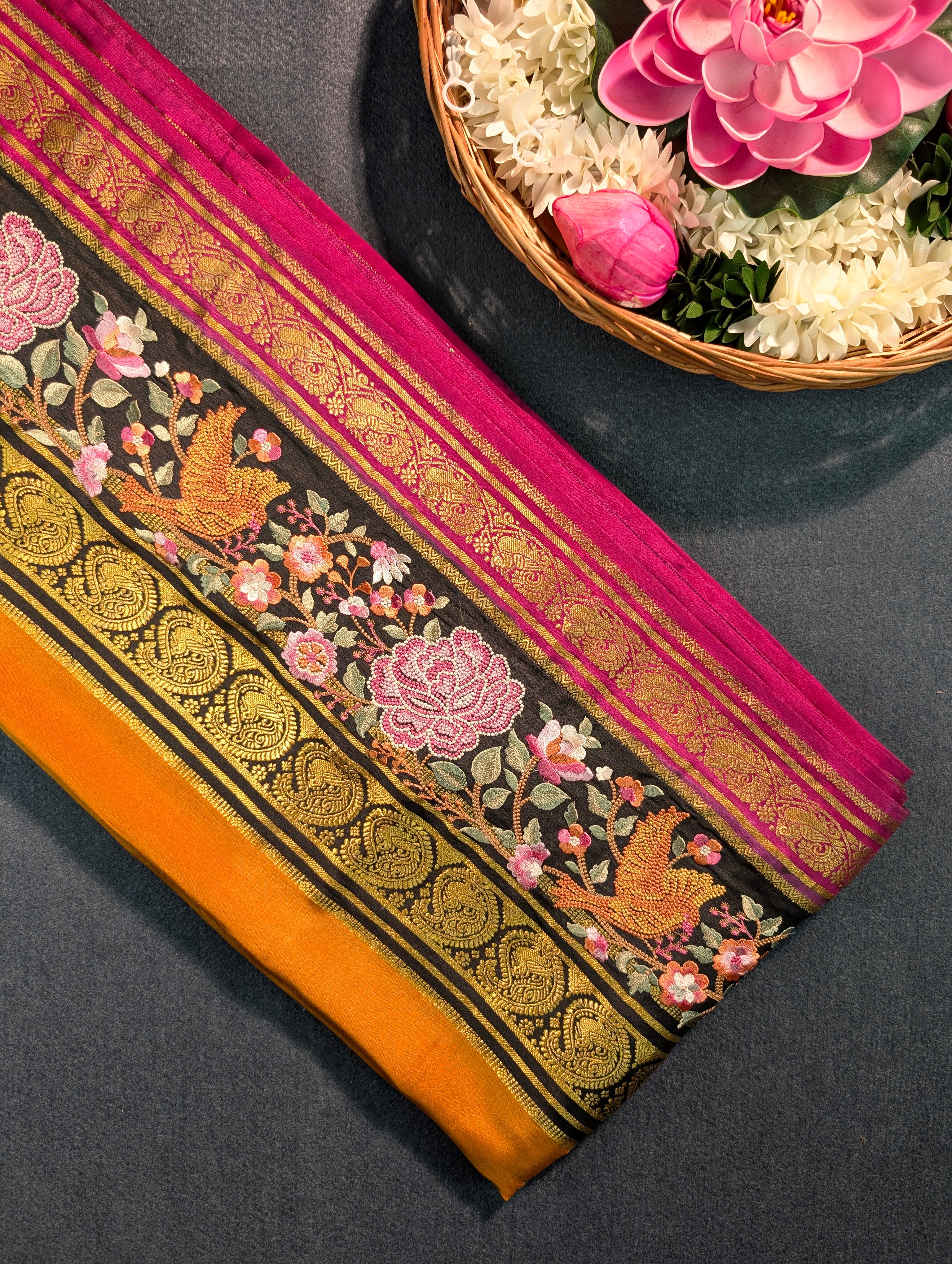 Pure Mysore Silk Crepe X Embroidery - Mustard Yellow