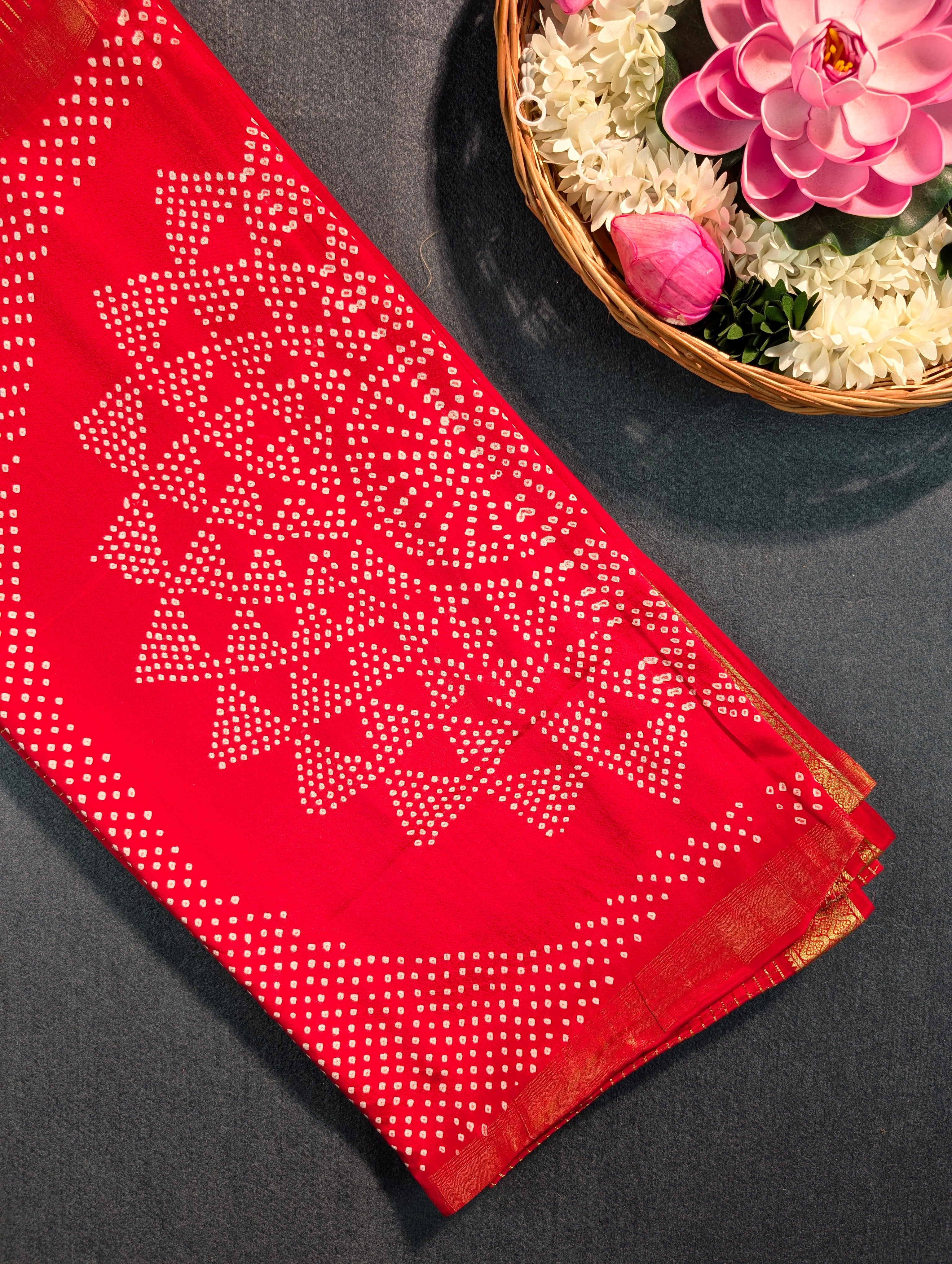 Pure Mysore Silk Crepe X Bandhani - Bright Red