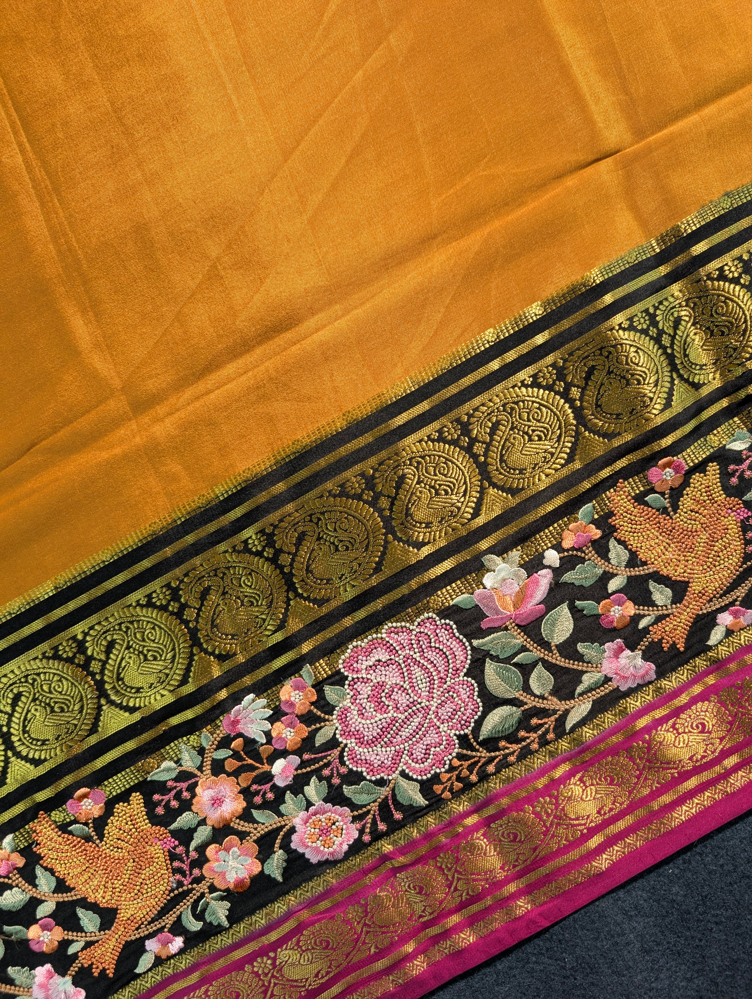 Pure Mysore Silk Crepe X Embroidery - Mustard Yellow