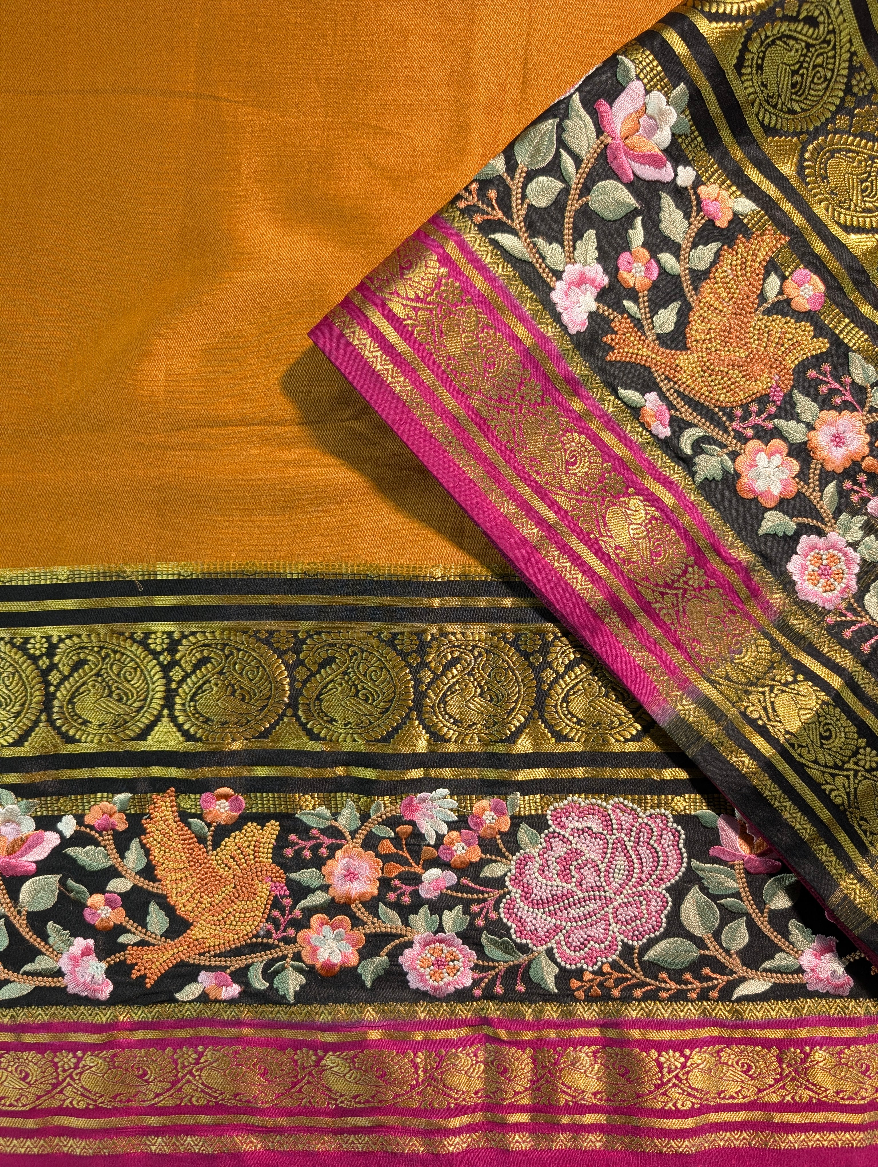 Pure Mysore Silk Crepe X Embroidery - Mustard Yellow