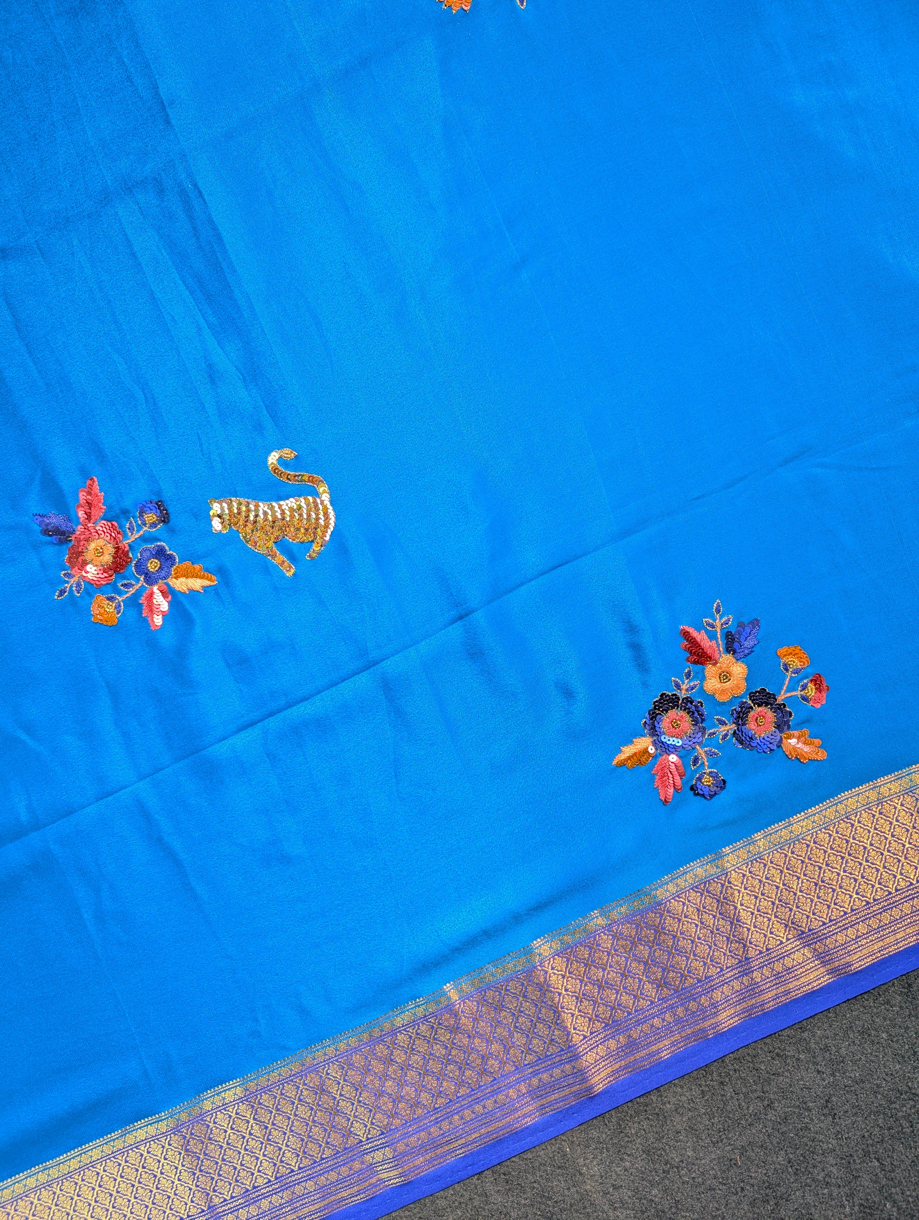 Pure Mysore Silk Crepe X Hand embroidery - Blue