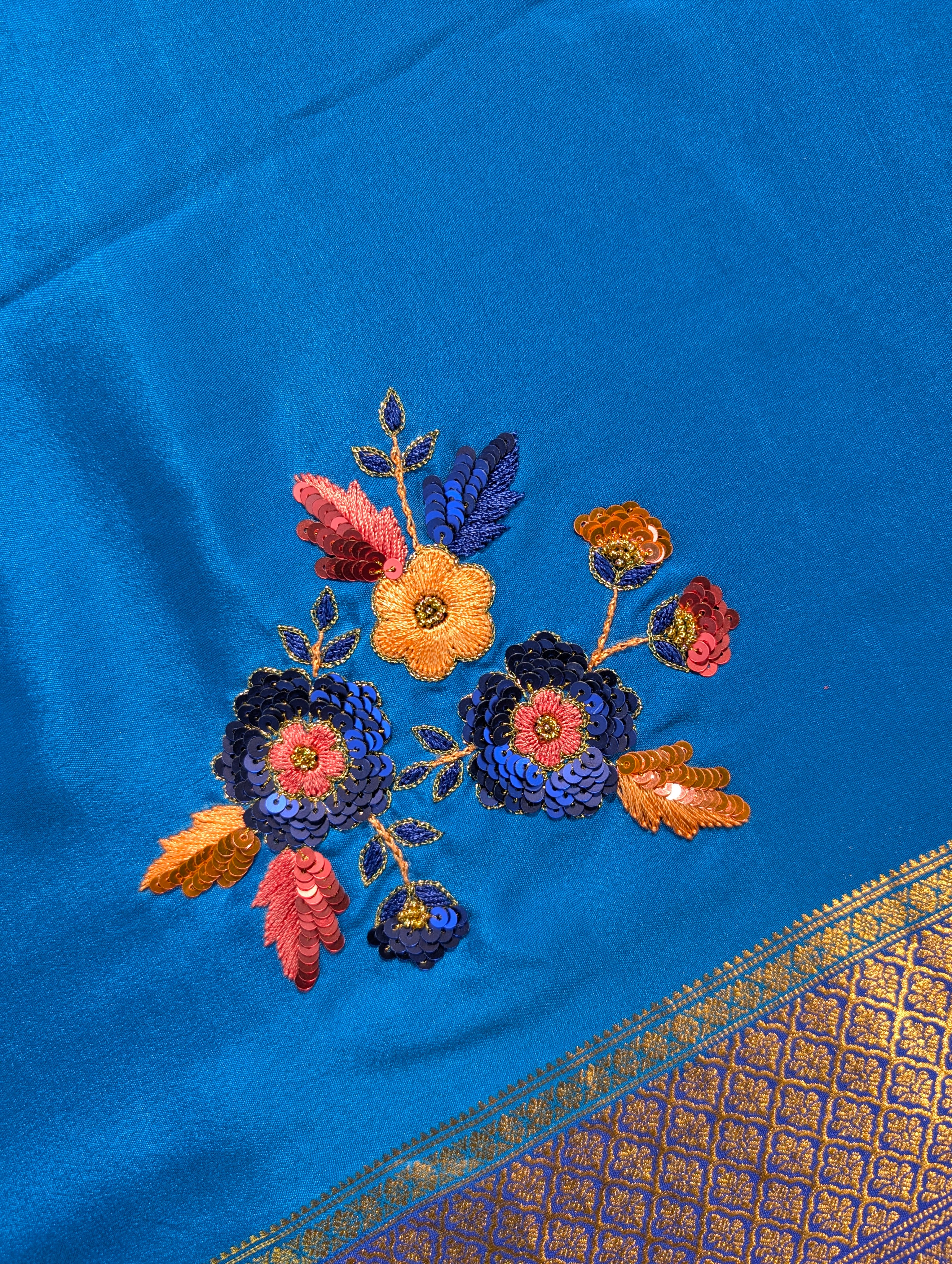 Pure Mysore Silk Crepe X Hand embroidery - Blue