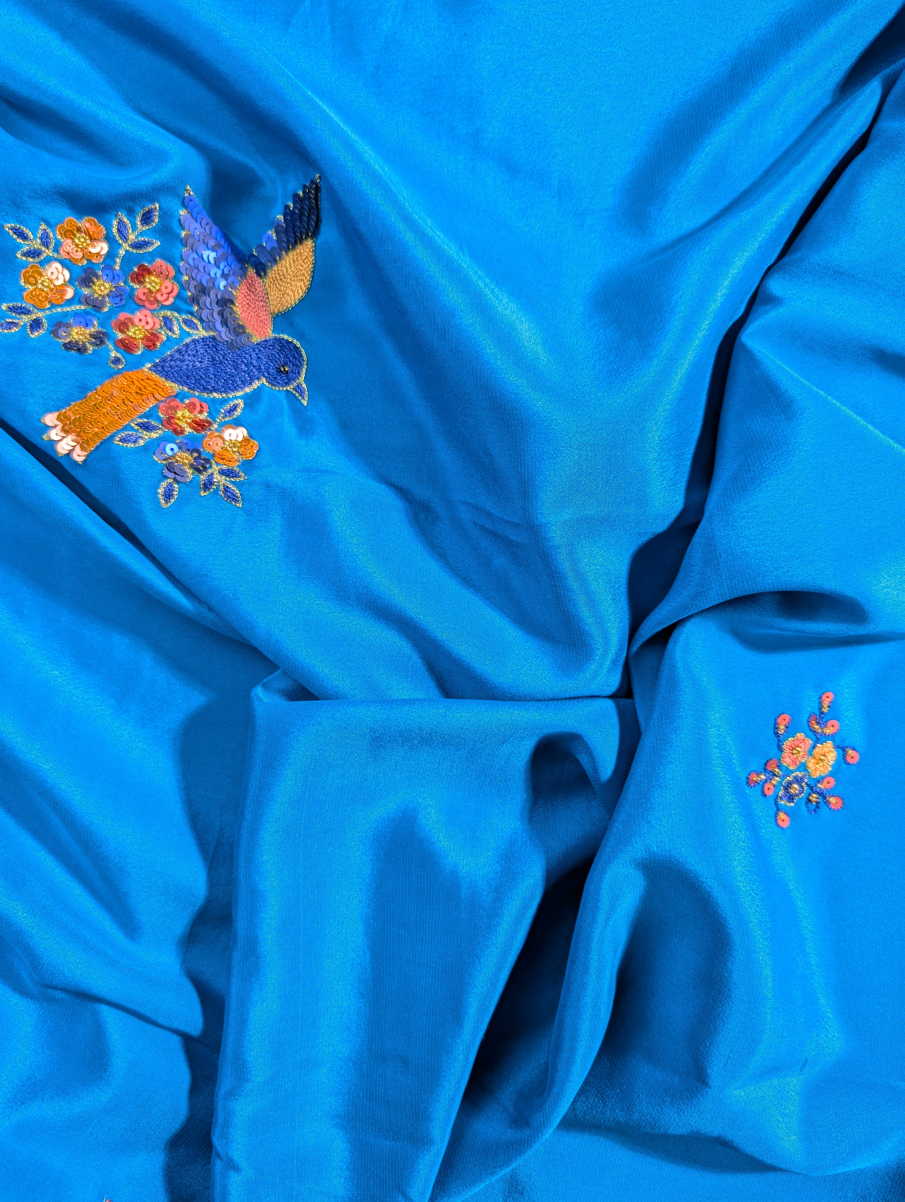 Pure Mysore Silk Crepe X Hand embroidery - Blue