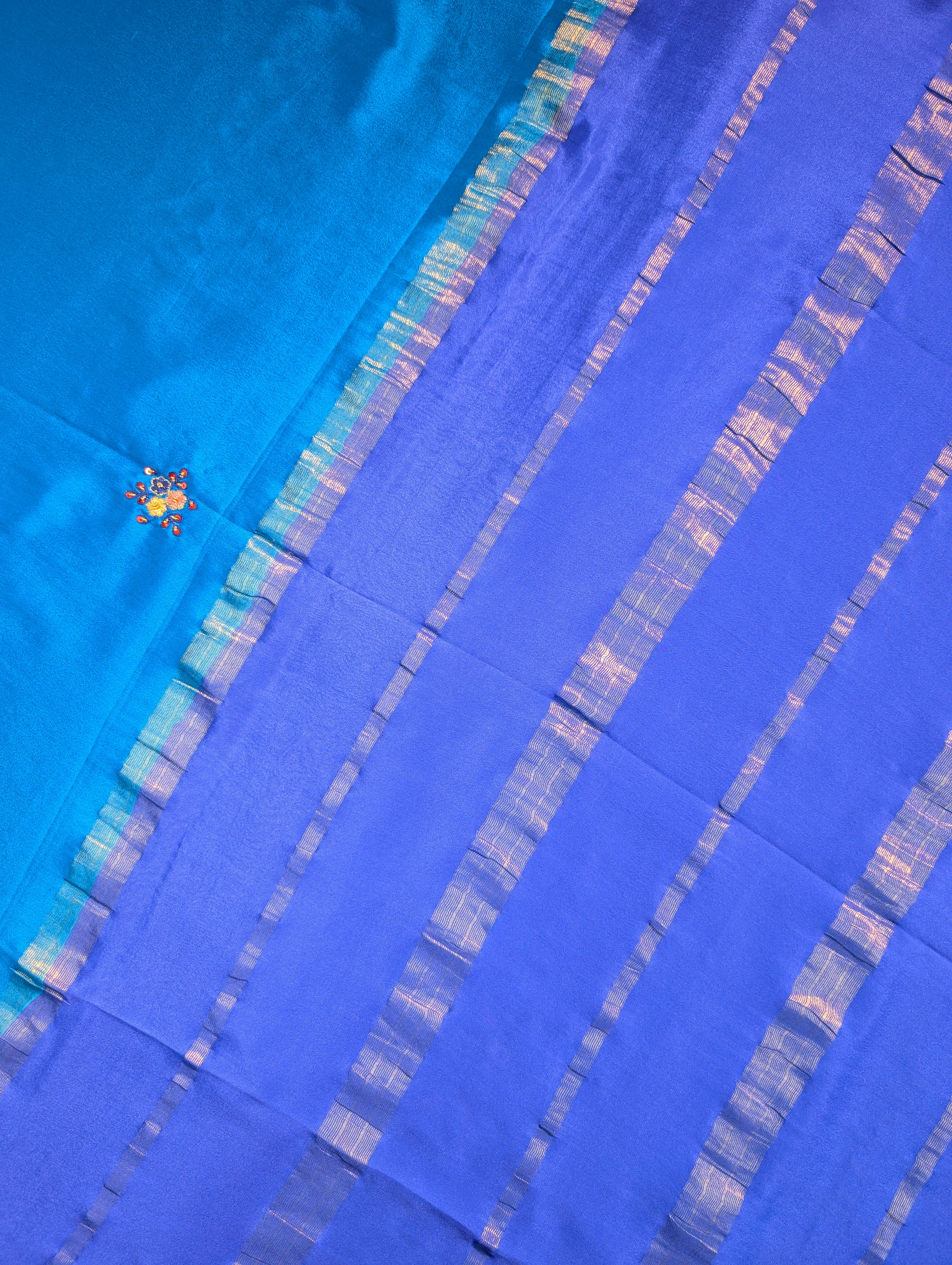 Pure Mysore Silk Crepe X Hand embroidery - Blue