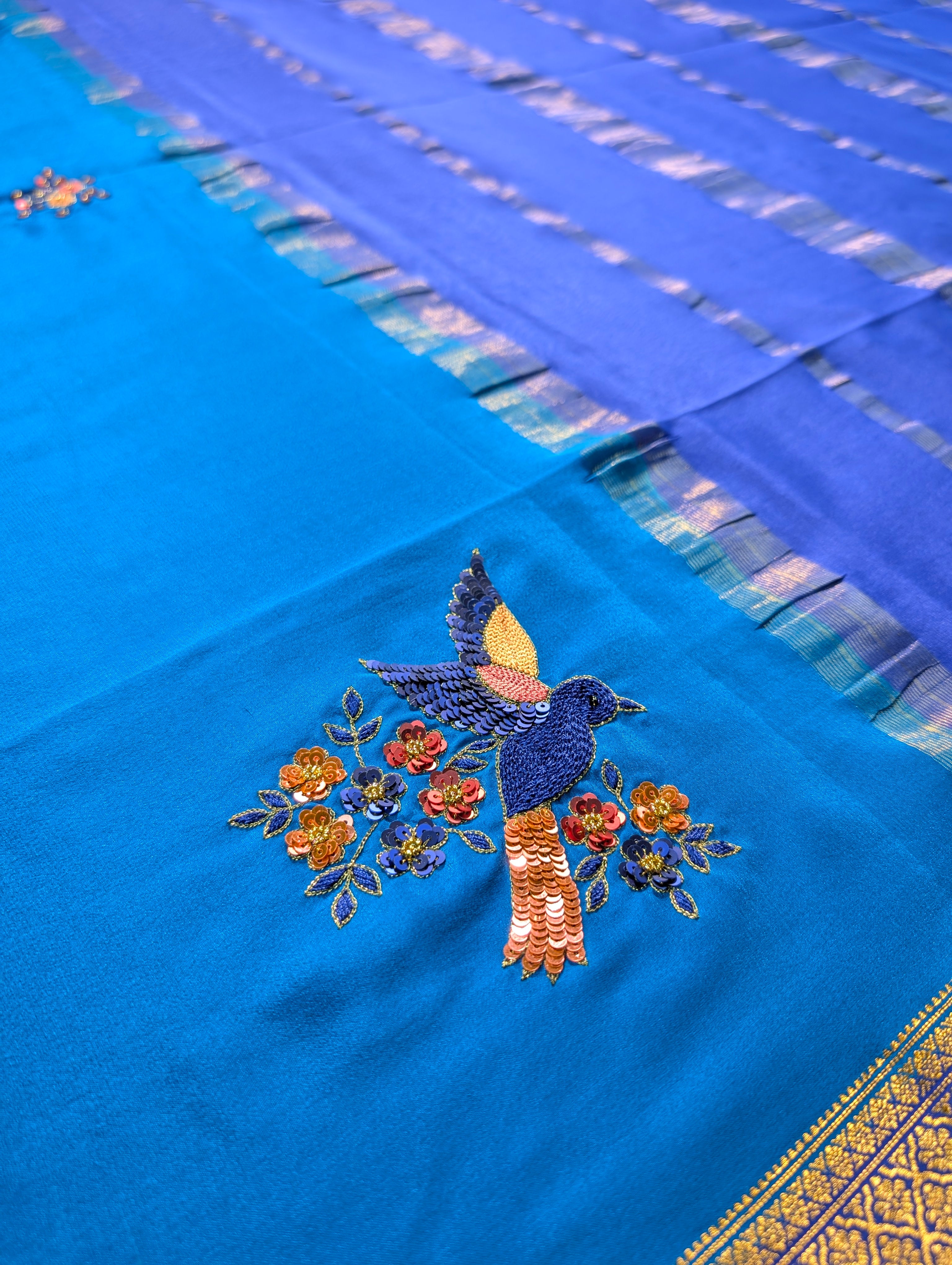 Pure Mysore Silk Crepe X Hand embroidery - Blue