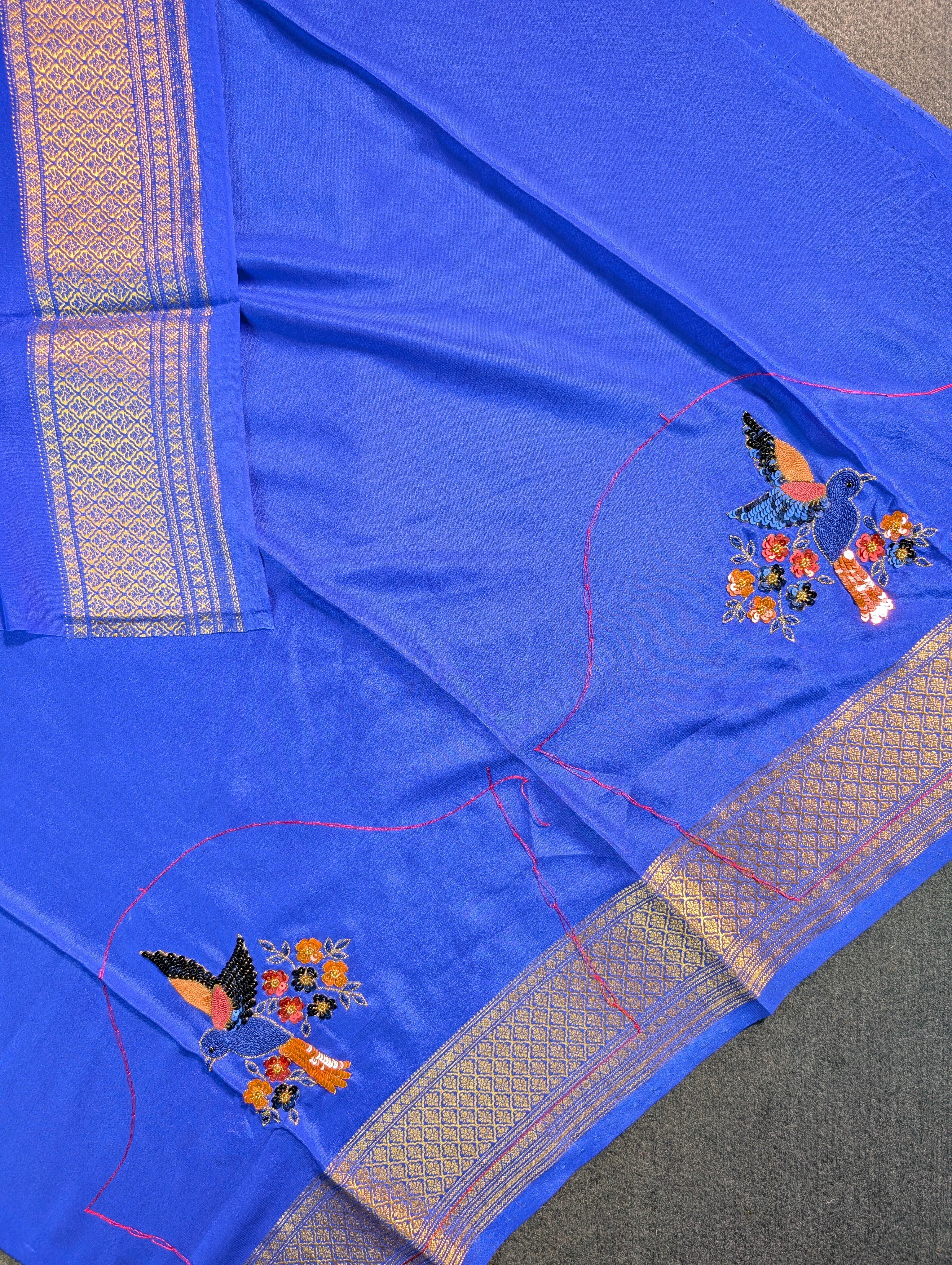 Pure Mysore Silk Crepe X Hand embroidery - Blue