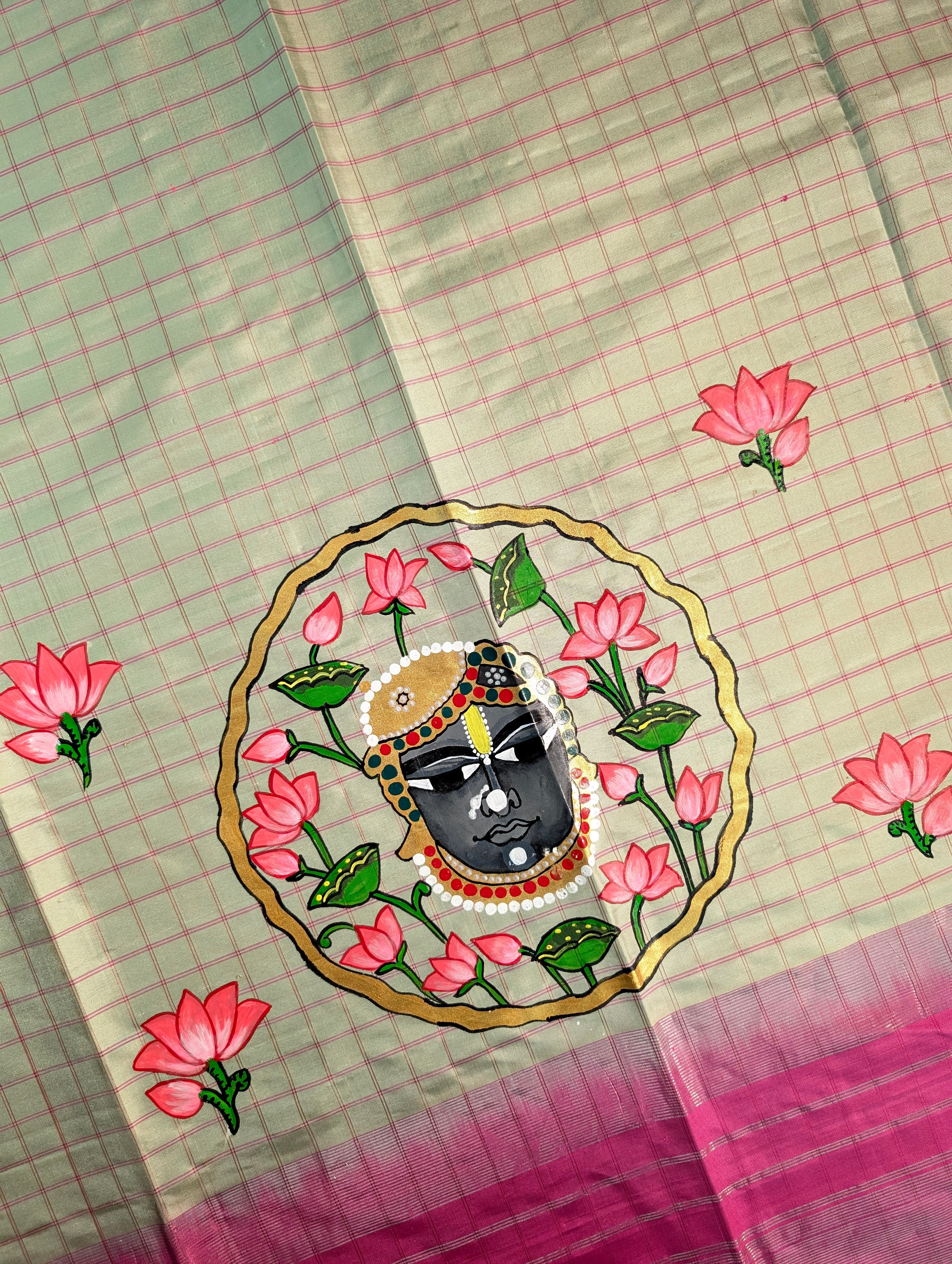 Pure Handloom Gadwal X Hand Painting - Soft Pink & Beige