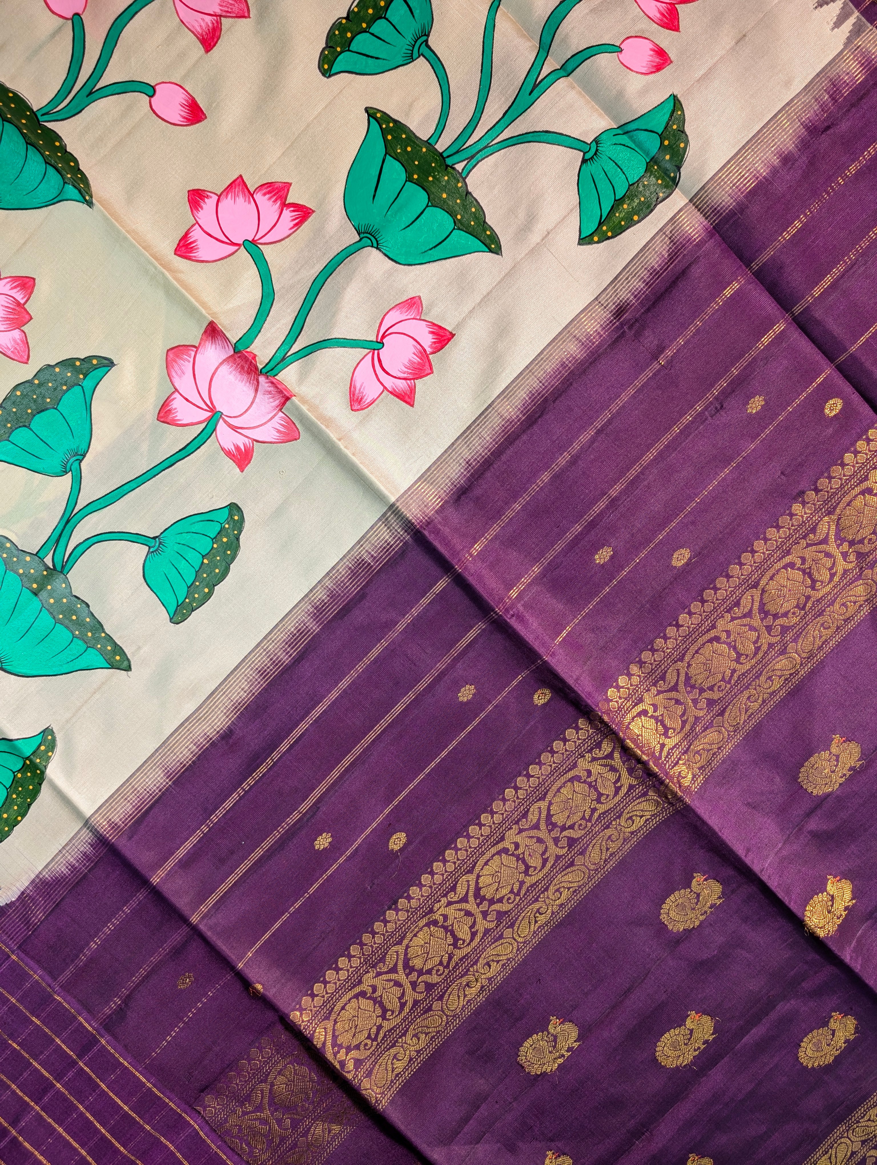 Handloom Gadwal - Elegant Lotus Hand-Painted Silk Saree
