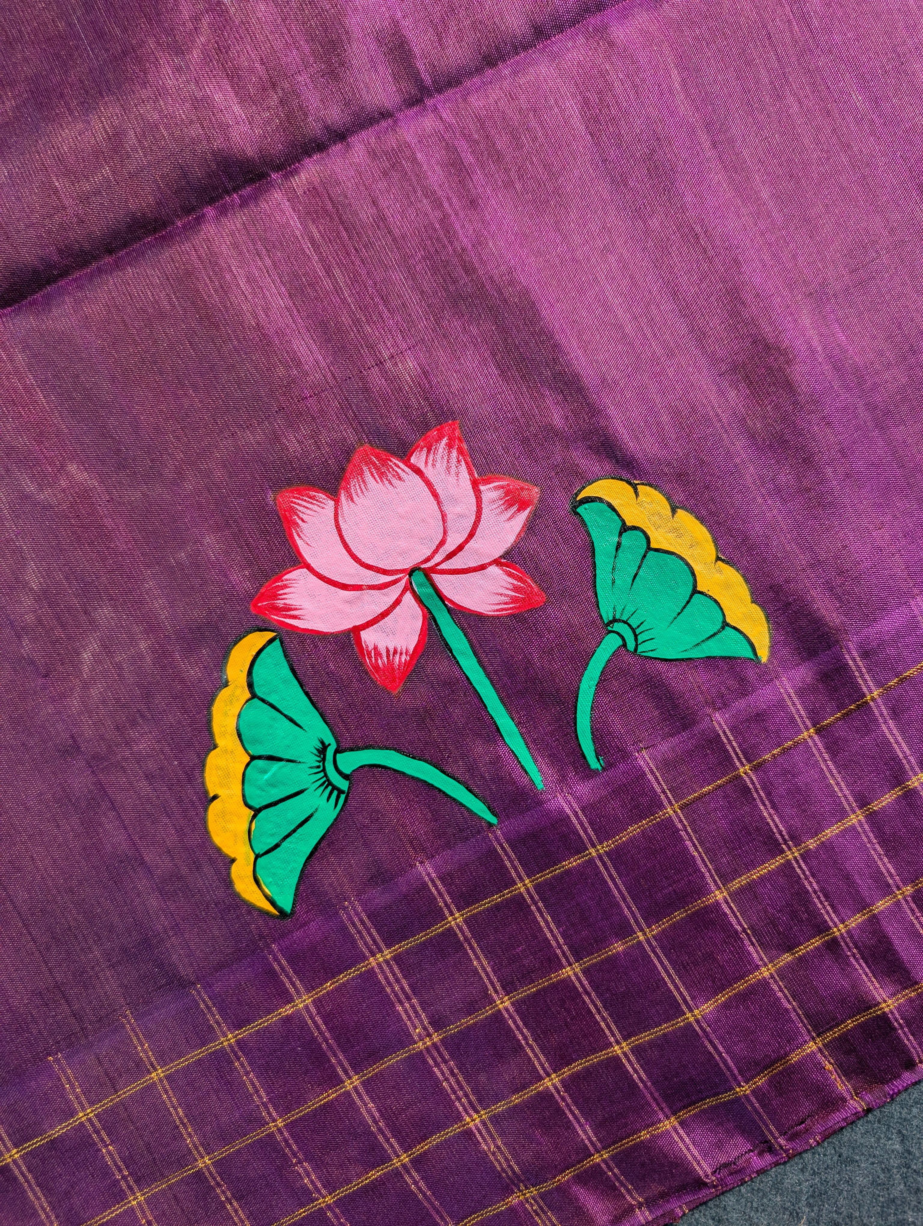 Handloom Gadwal - Elegant Lotus Hand-Painted Silk Saree