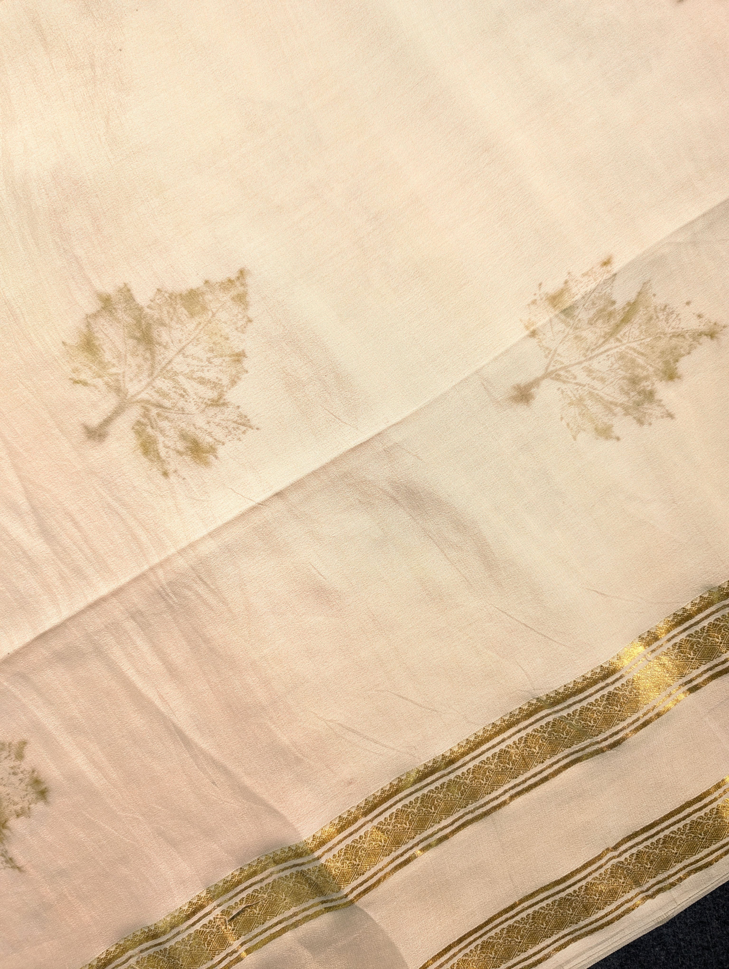 Pure Mysore Silk Crepe - Peach Eco-Print Saree with Leaf Motifs