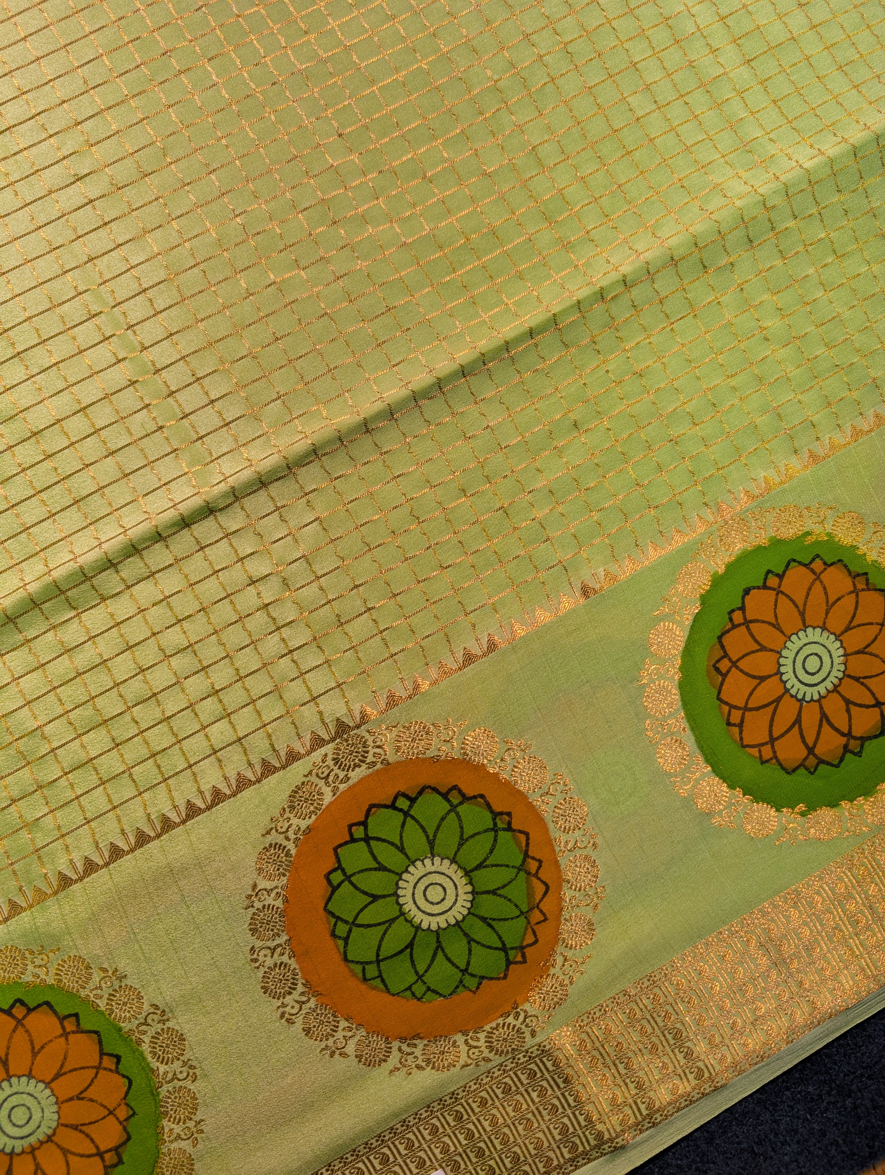 Pure Mysore Silk Crepe - Pastel Green Hand Painted Floral Saree