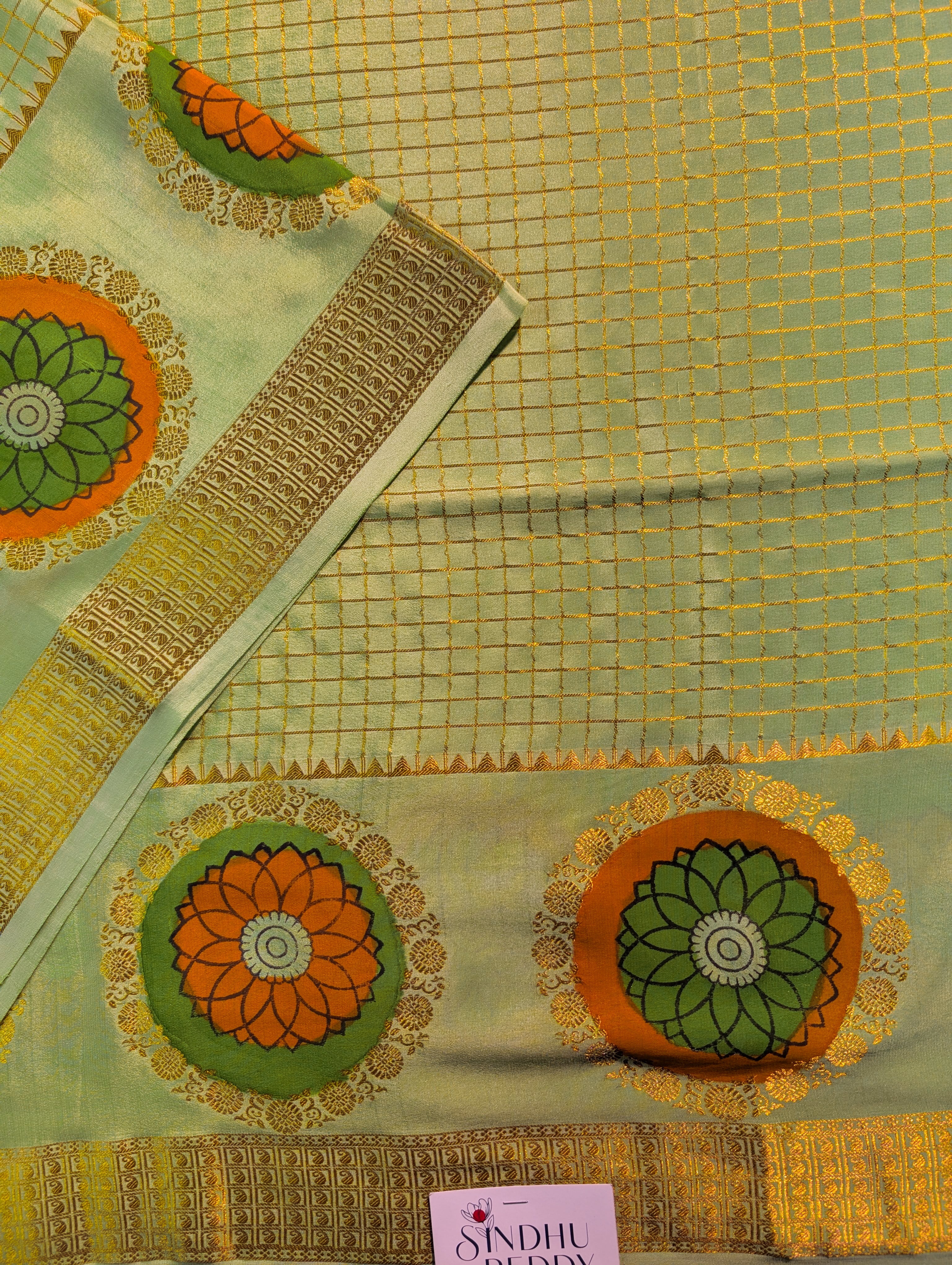 Pure Mysore Silk Crepe - Pastel Green Hand Painted Floral Saree