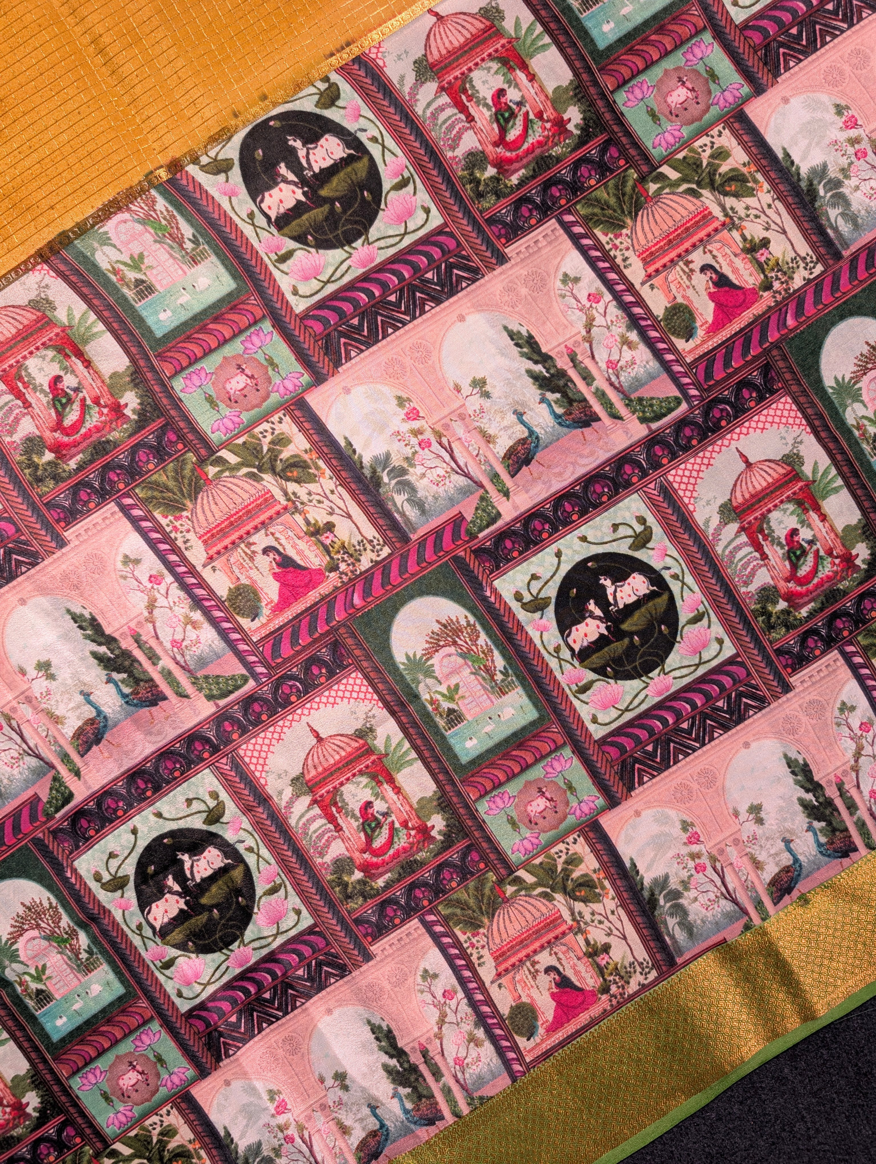 Pure Mysore Silk Crepe - Regal Mustard Saree with Royal Palace Motifs