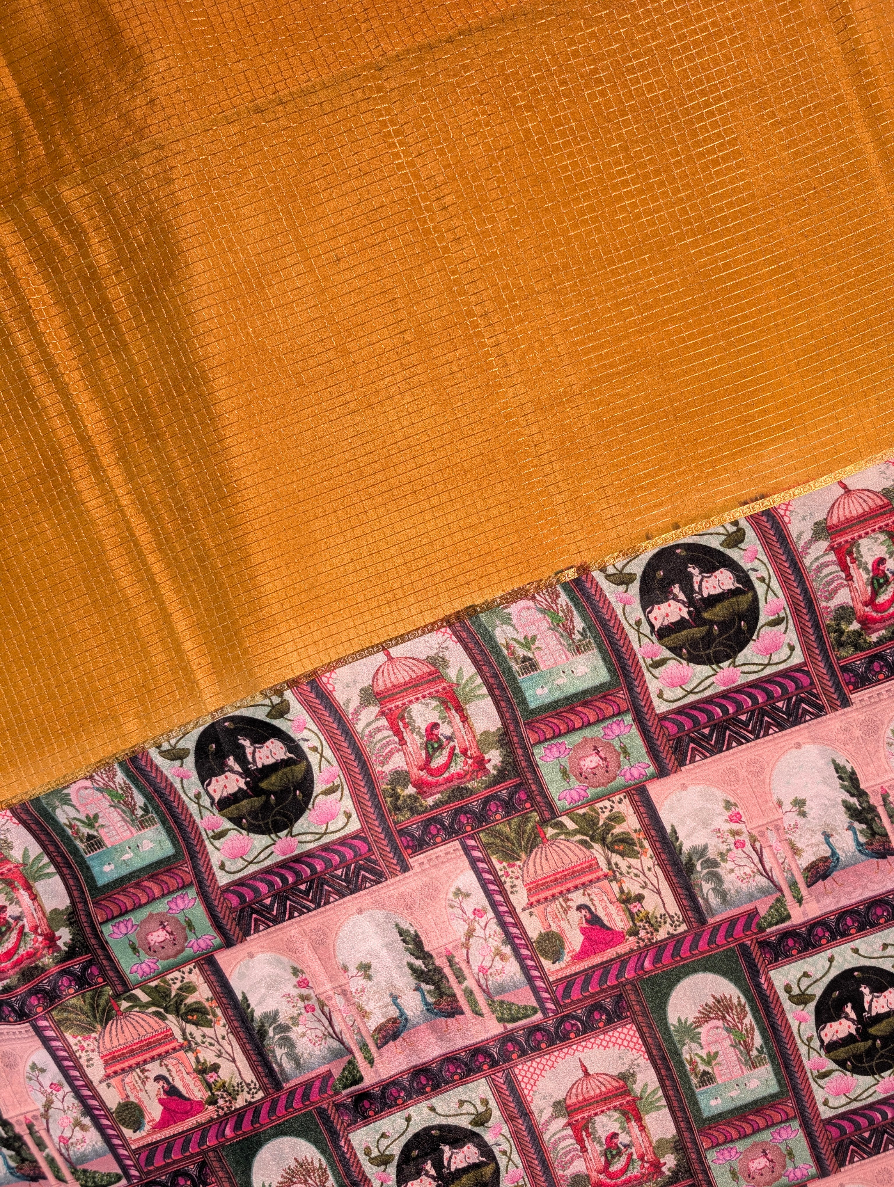 Pure Mysore Silk Crepe - Regal Mustard Saree with Royal Palace Motifs