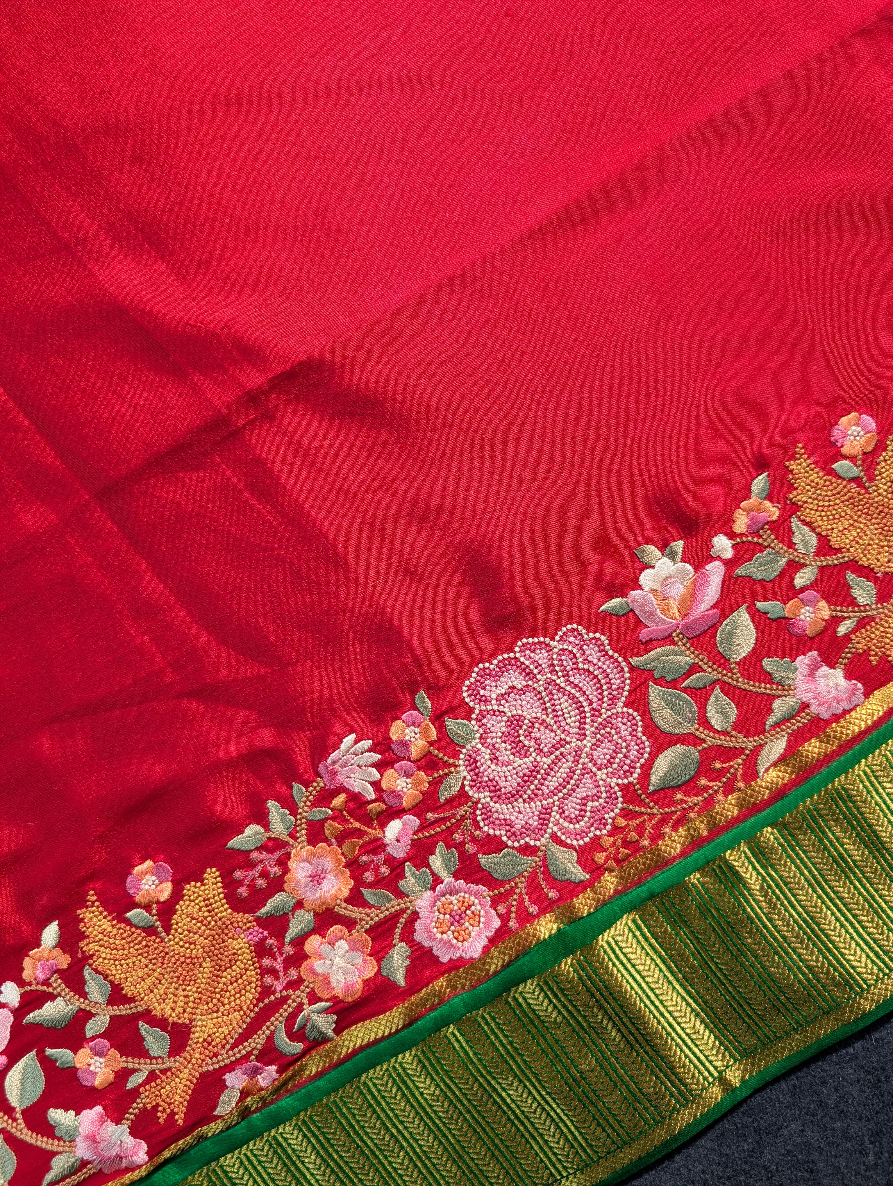 Pure Mysore Silk Crepe X Embroidery - Red & Green