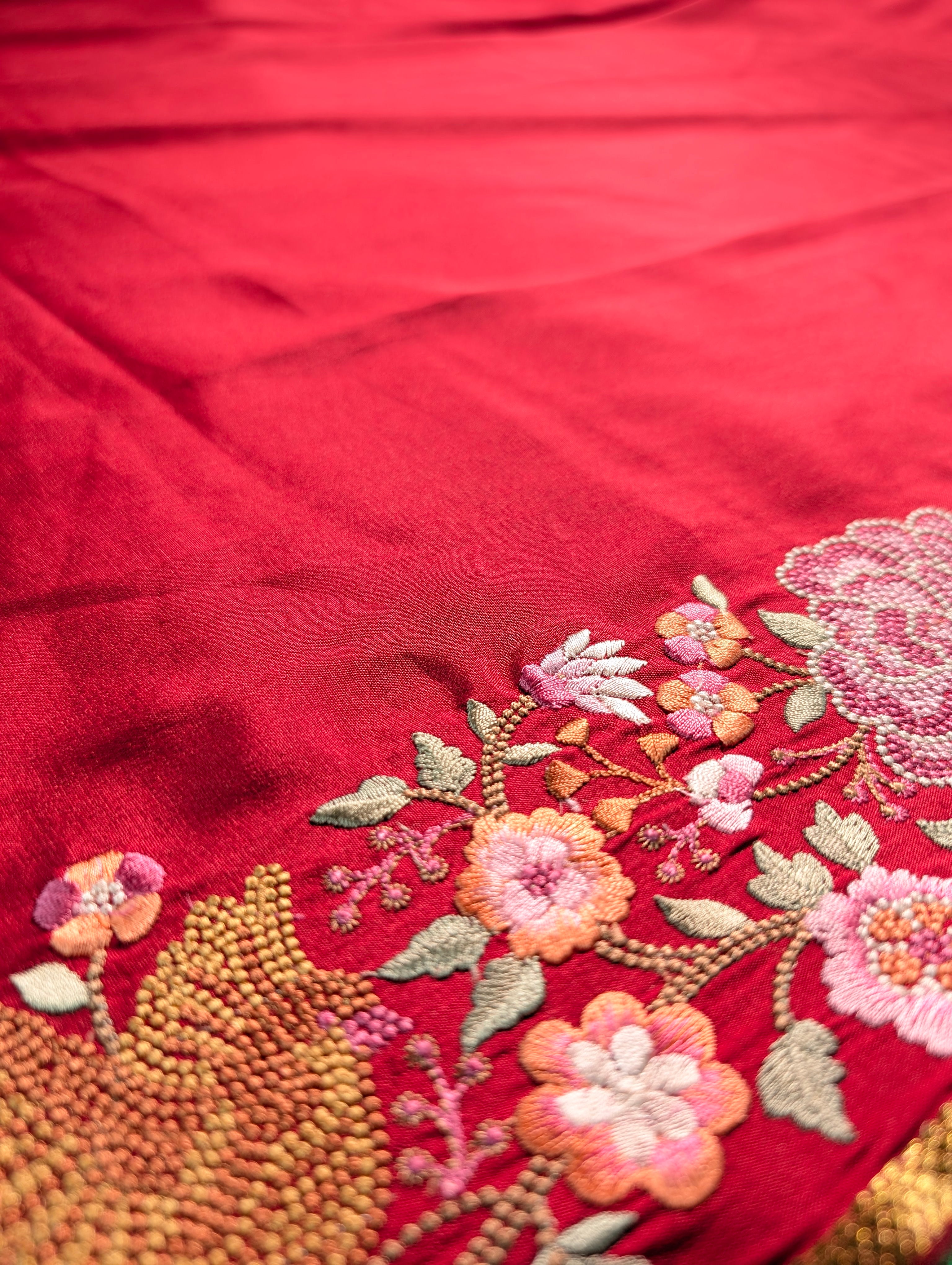 Pure Mysore Silk Crepe X Embroidery - Red & Green