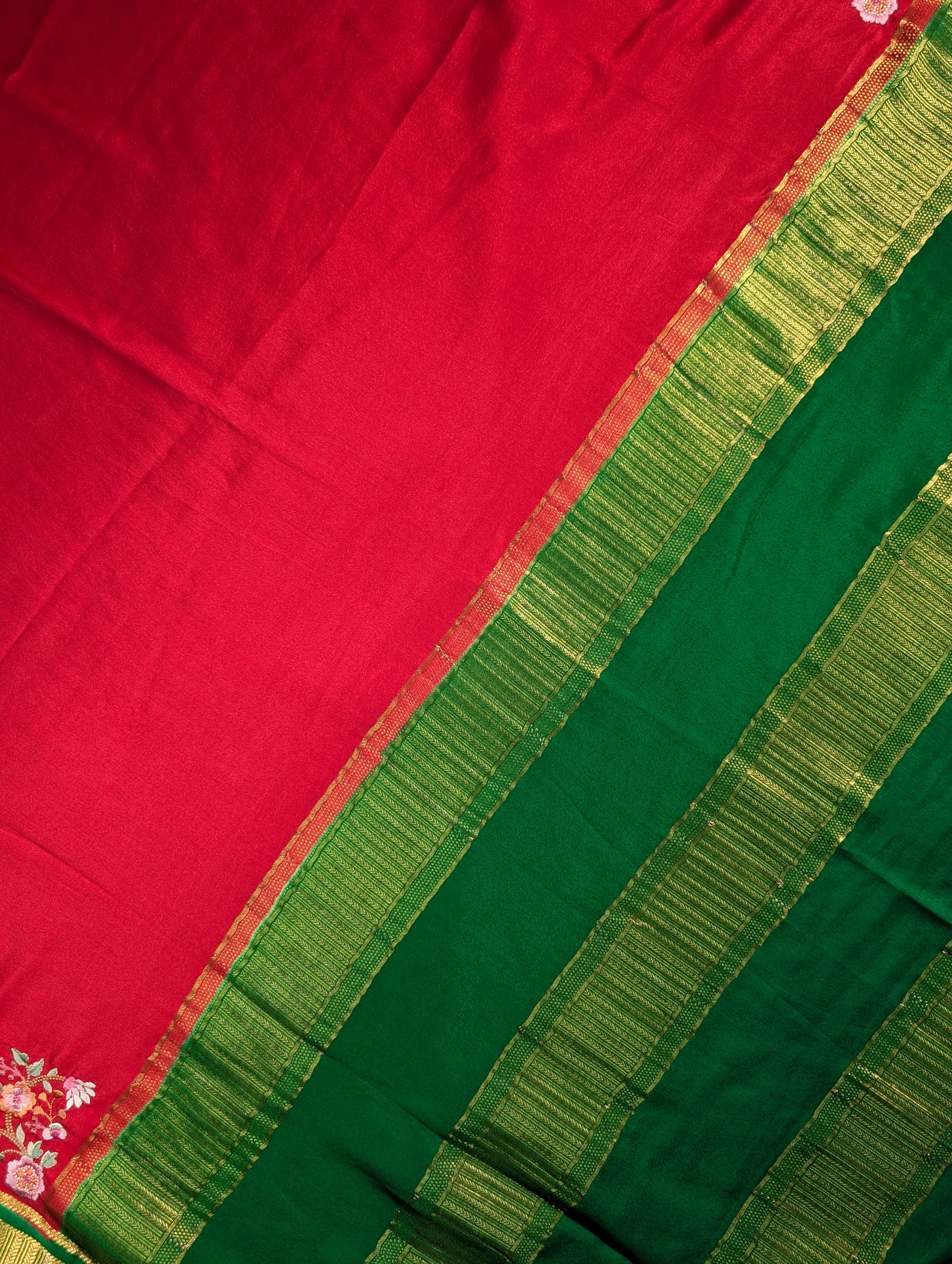 Pure Mysore Silk Crepe X Embroidery - Red & Green