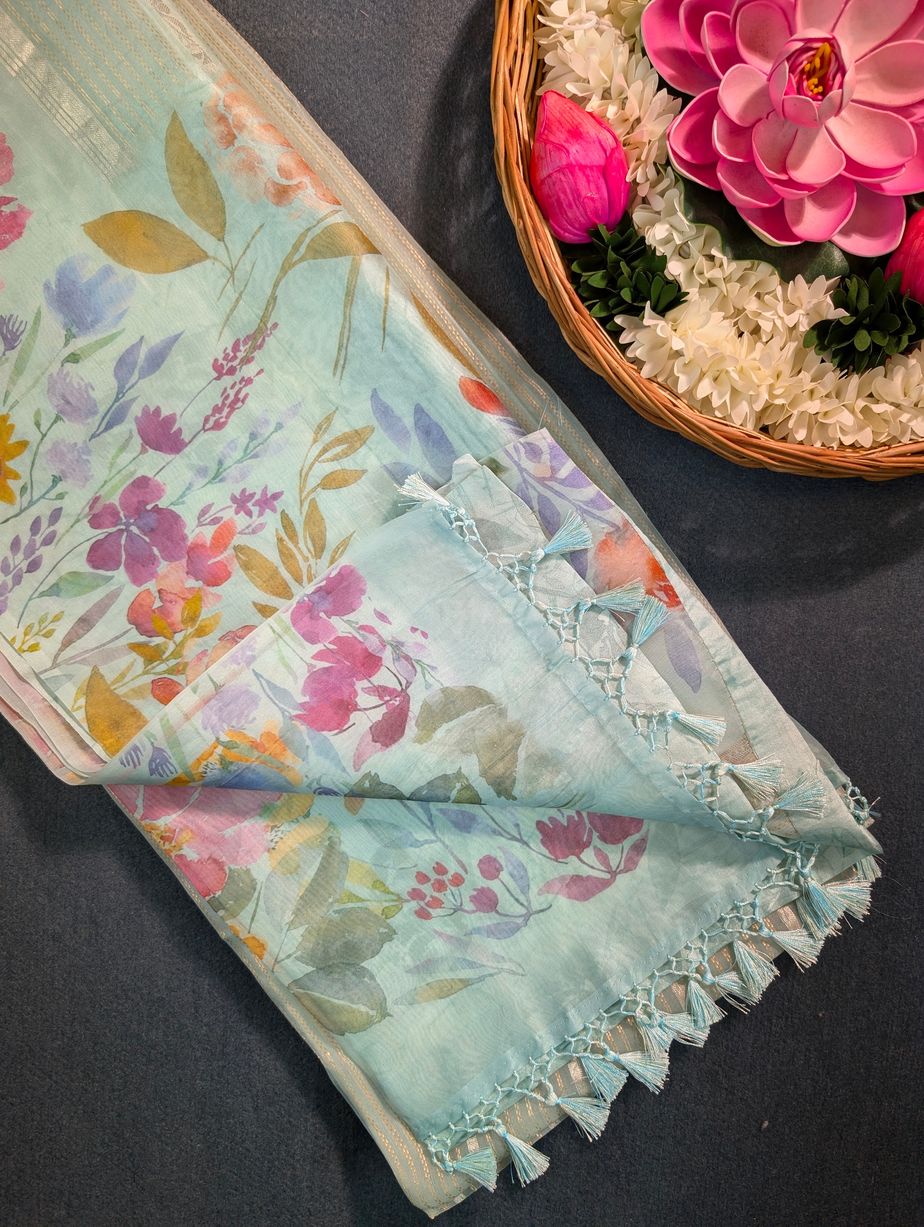 Pure Organza Saree with floral print border - Pastel Blue
