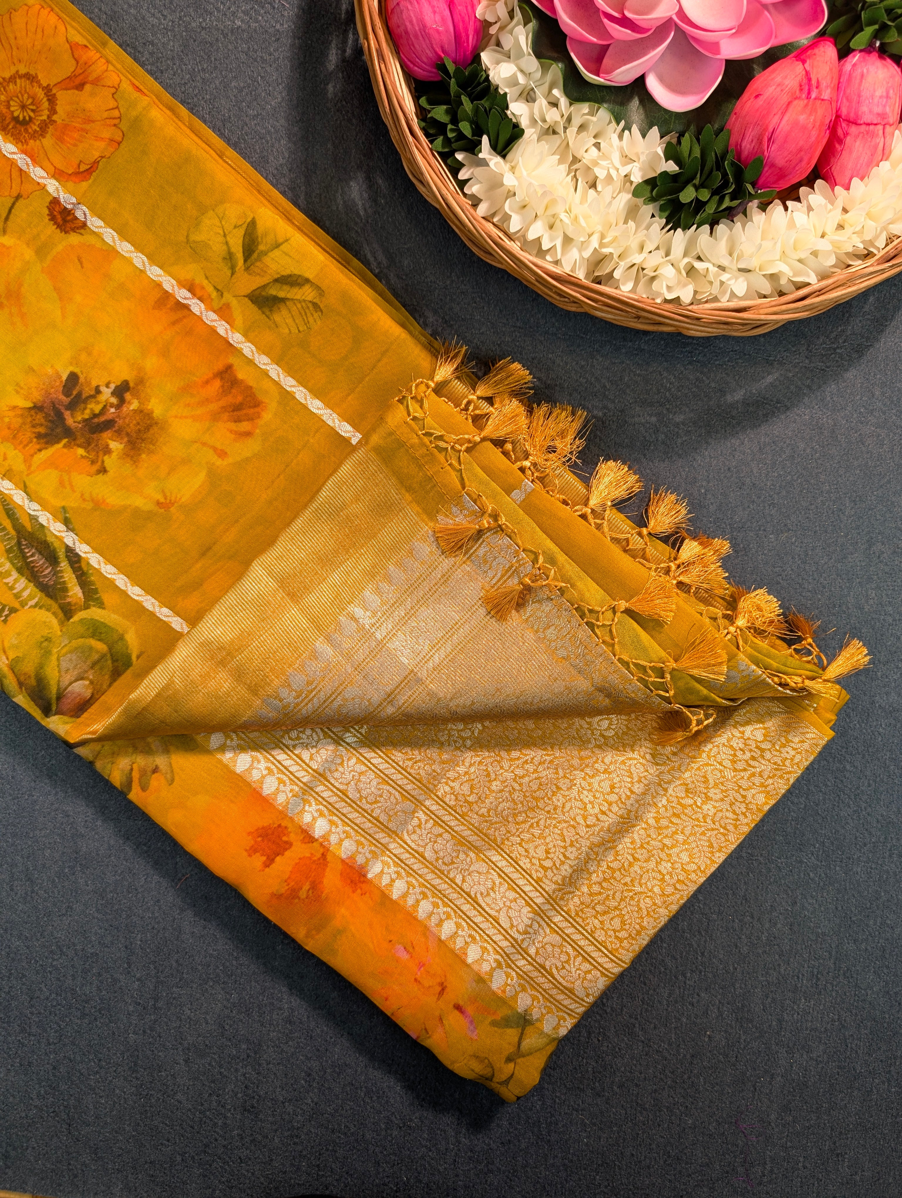 Pure Organza X Mustard Yellow Floral Saree with Zari Border