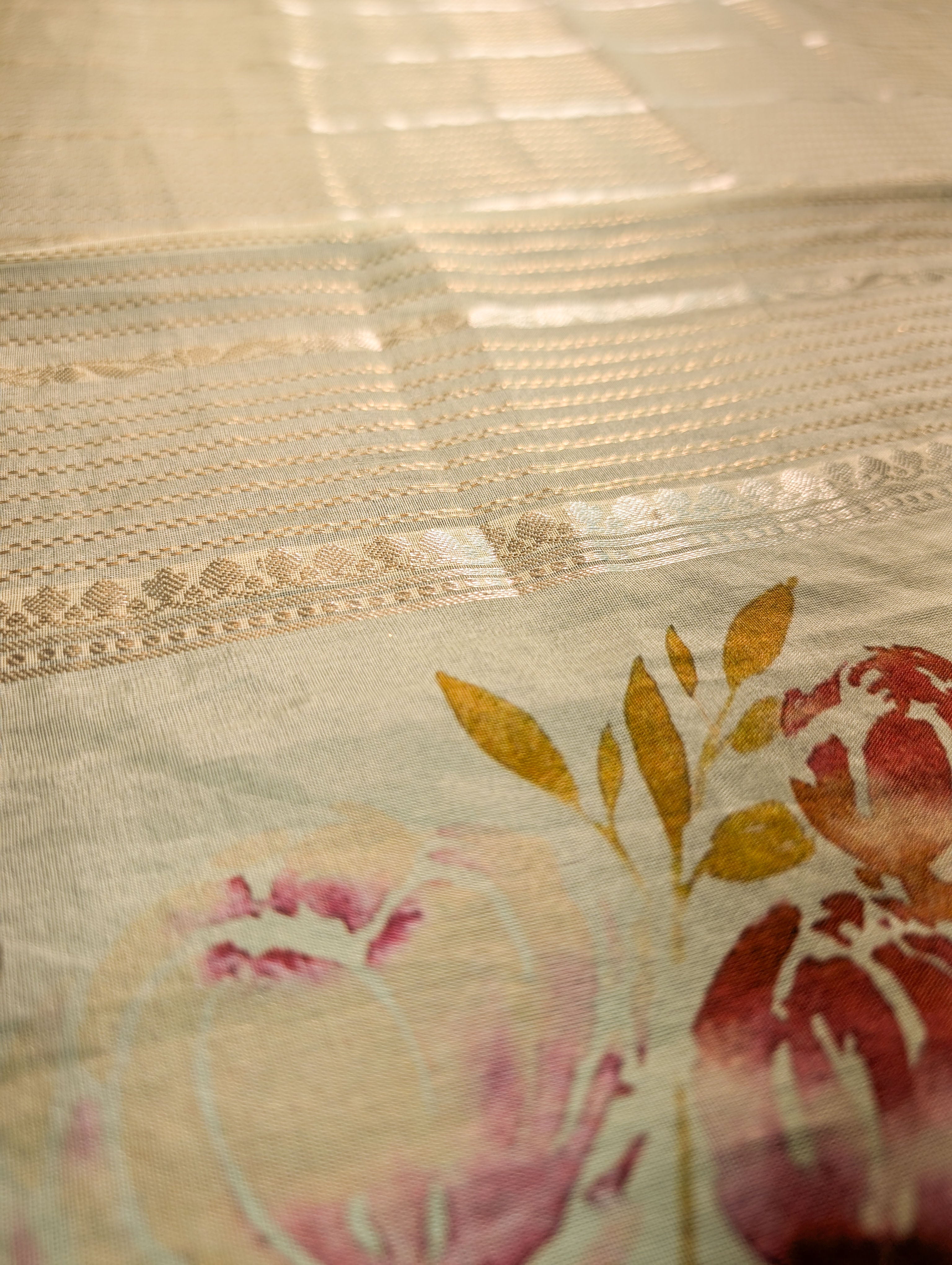 Pure Organza Saree with floral print border - Pastel Green