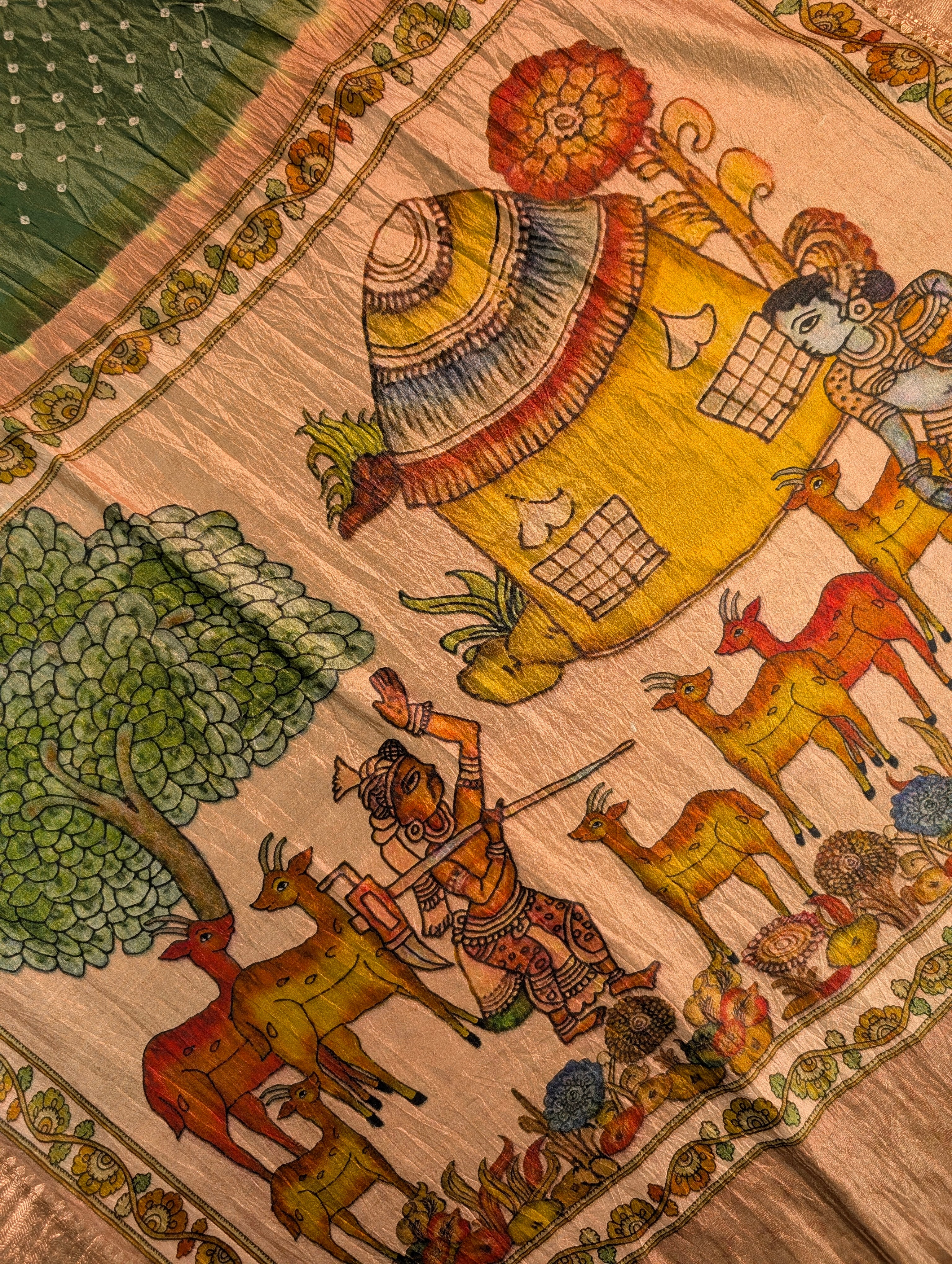 Pure Chiniya Silk X Hand knitted bandhani - Mehandi Green