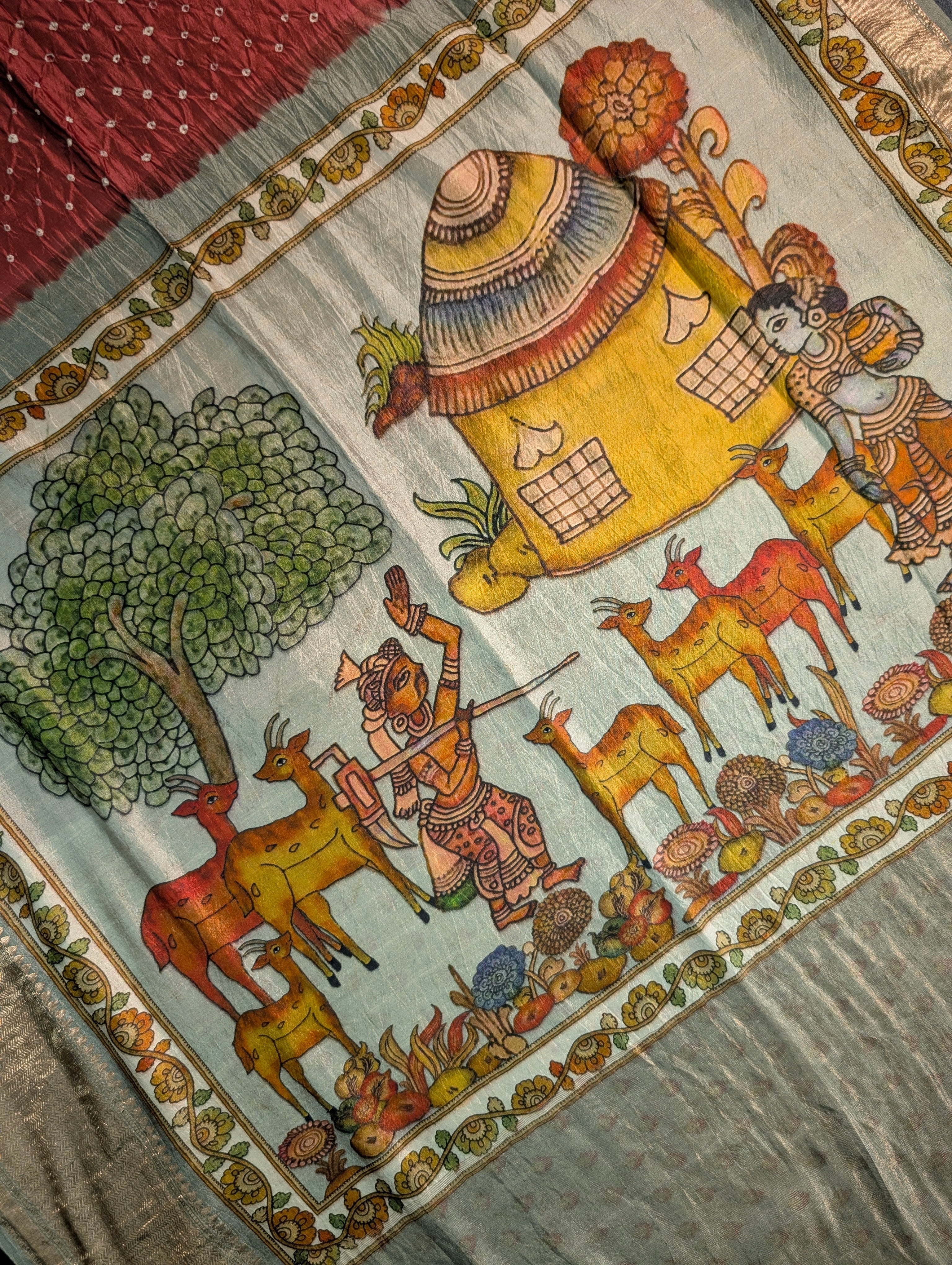 Pure Chiniya Silk X Hand knitted bandhani - Terracota Red